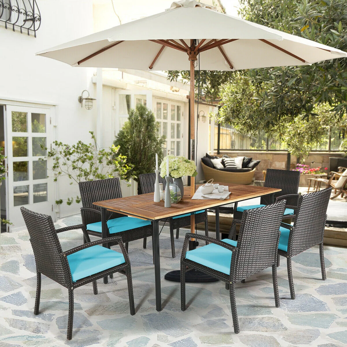 7Pcs Rattan Dining Set, With Umbrella Hole, Turquoise - Image 2
