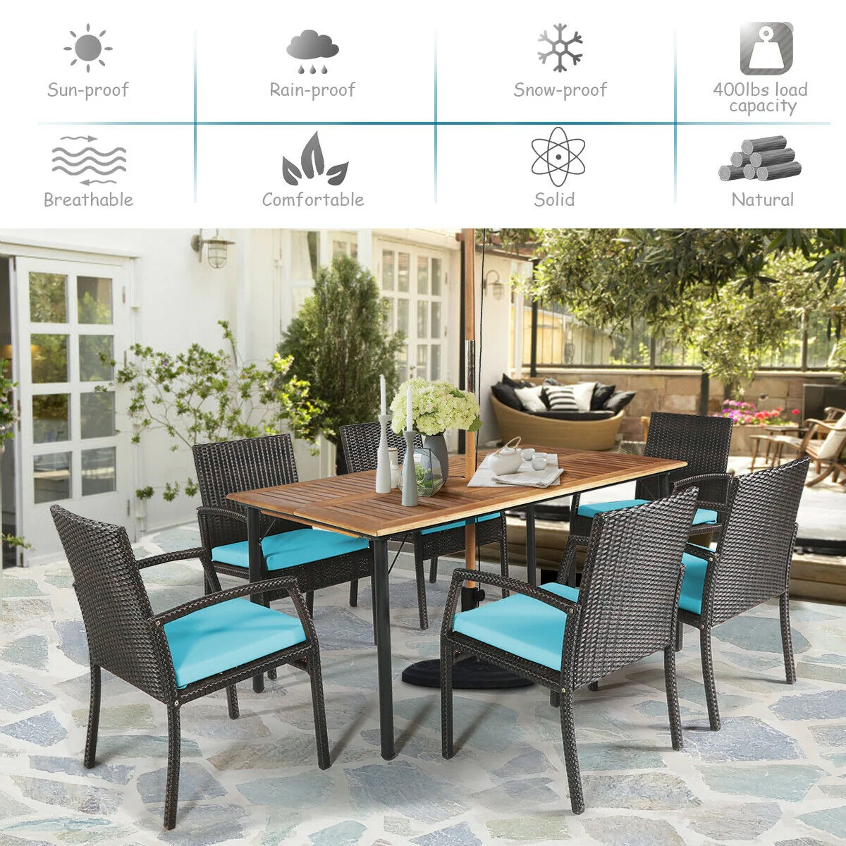 7Pcs Rattan Dining Set, With Umbrella Hole, Turquoise - Image 3