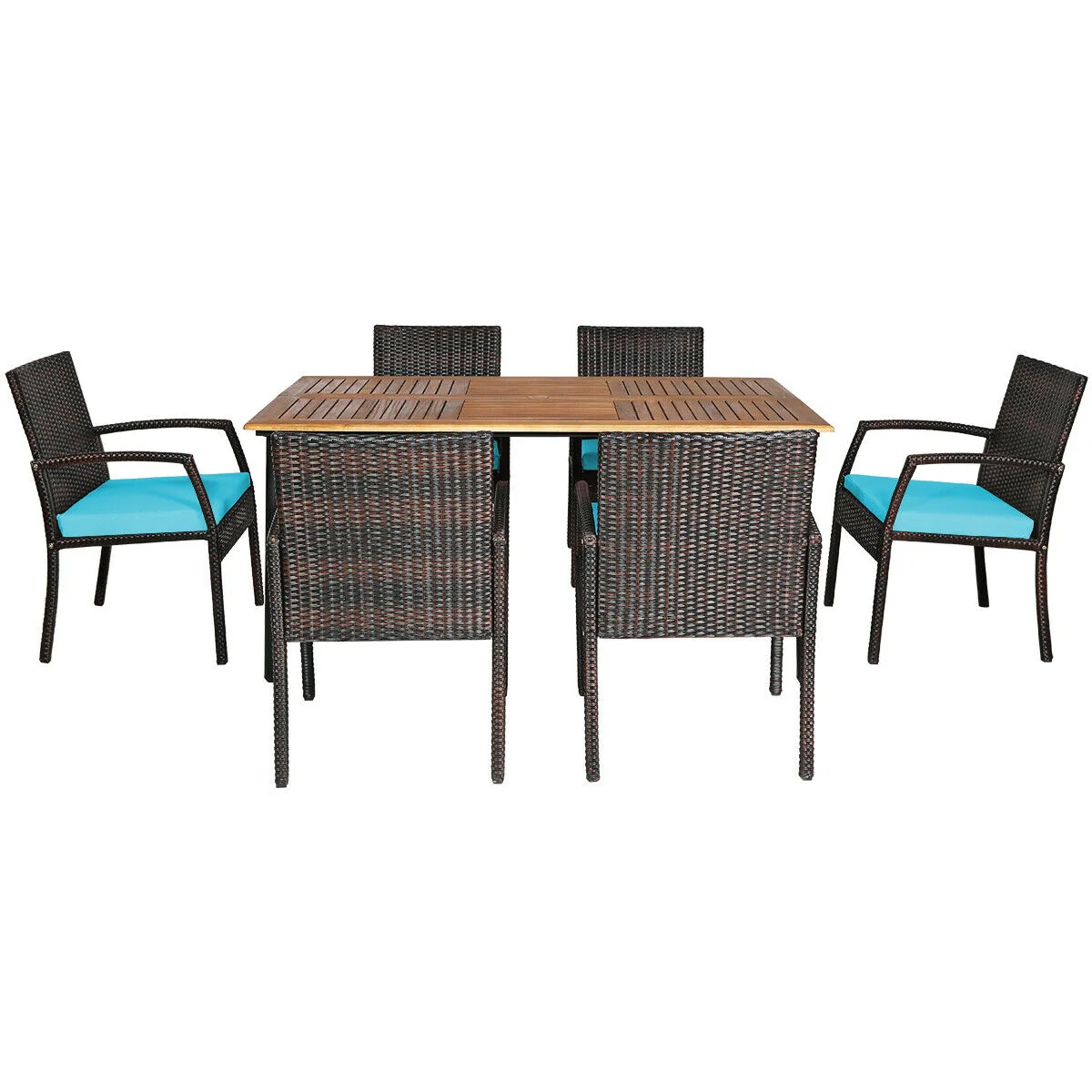 7Pcs Rattan Dining Set, With Umbrella Hole, Turquoise - Image 4