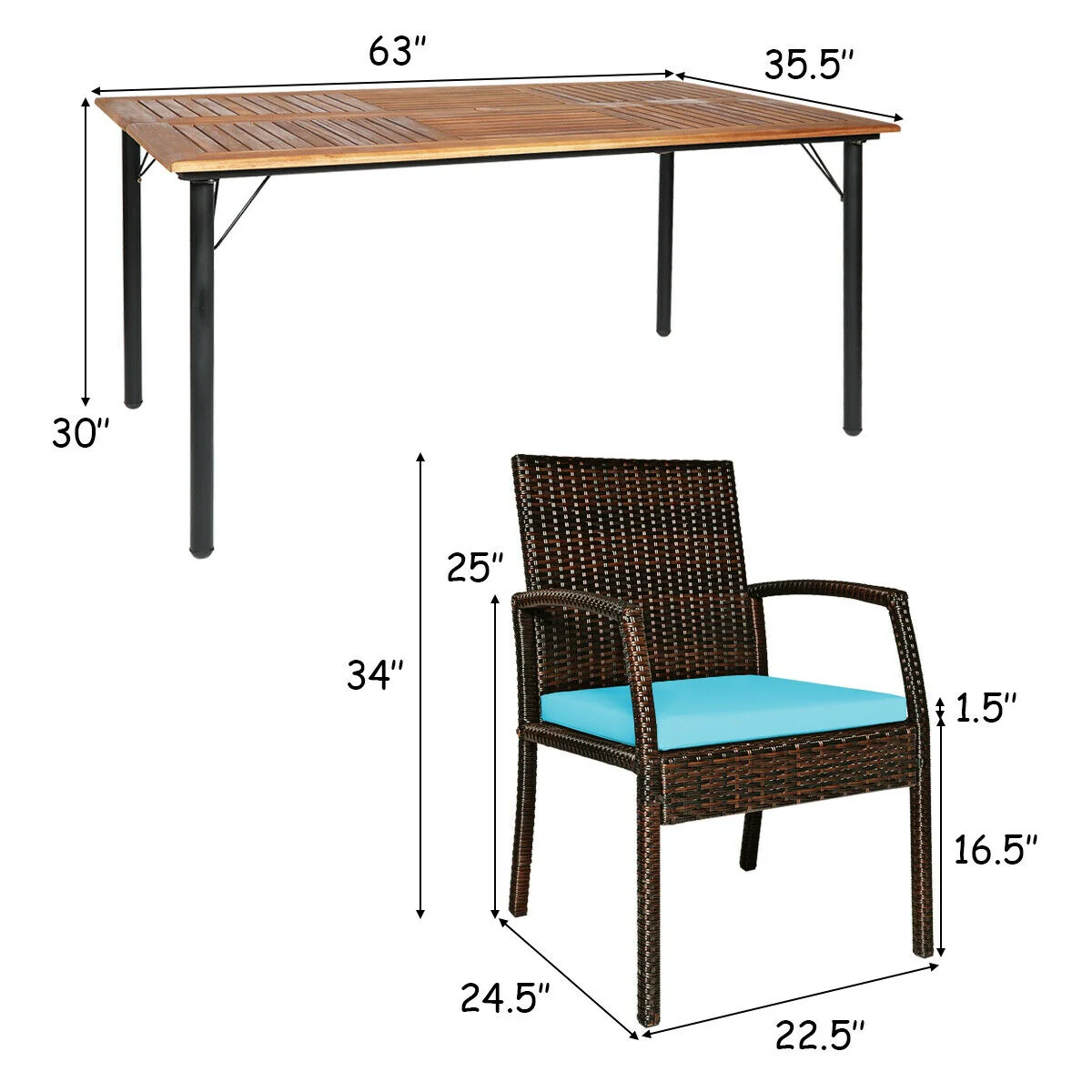 7Pcs Rattan Dining Set, With Umbrella Hole, Turquoise - Image 5