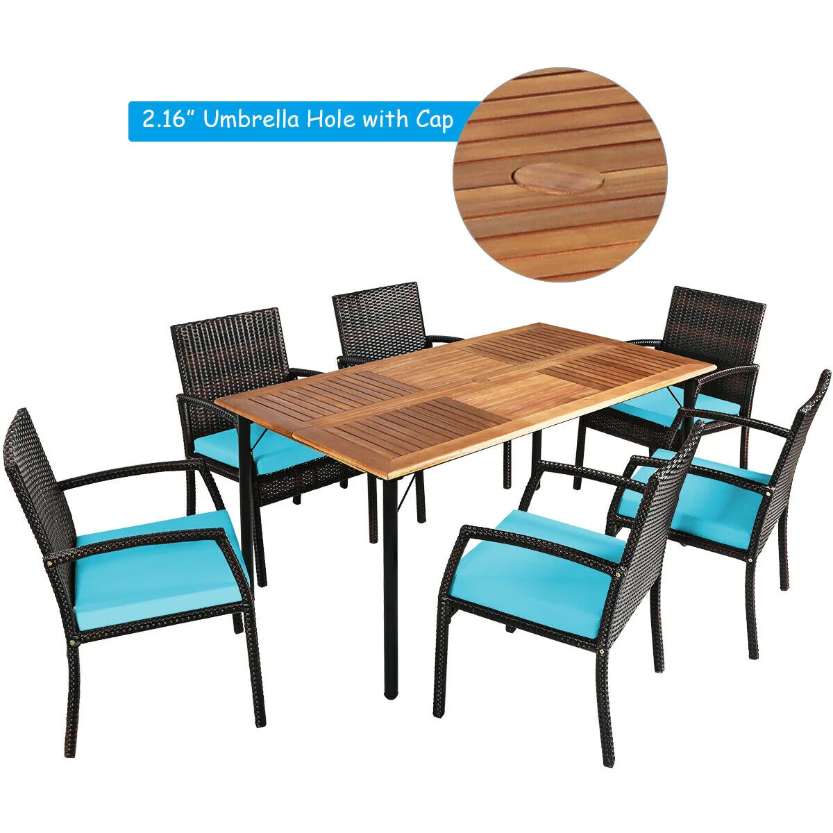 7Pcs Rattan Dining Set, With Umbrella Hole, Turquoise - Image 6