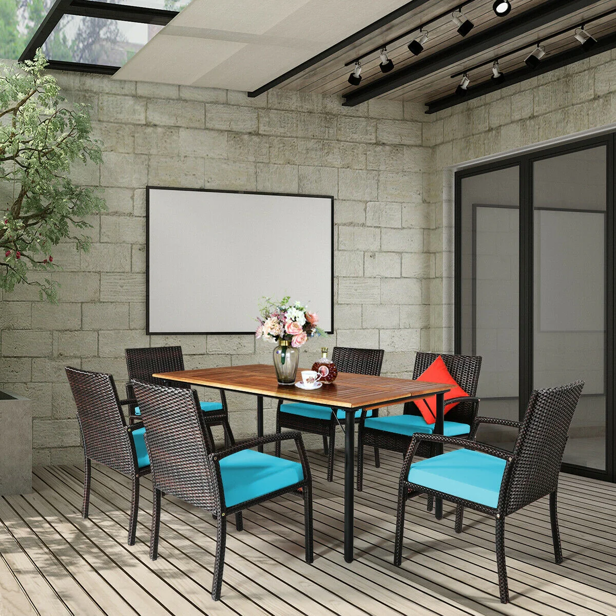 7Pcs Rattan Dining Set, With Umbrella Hole, Turquoise - Image 7