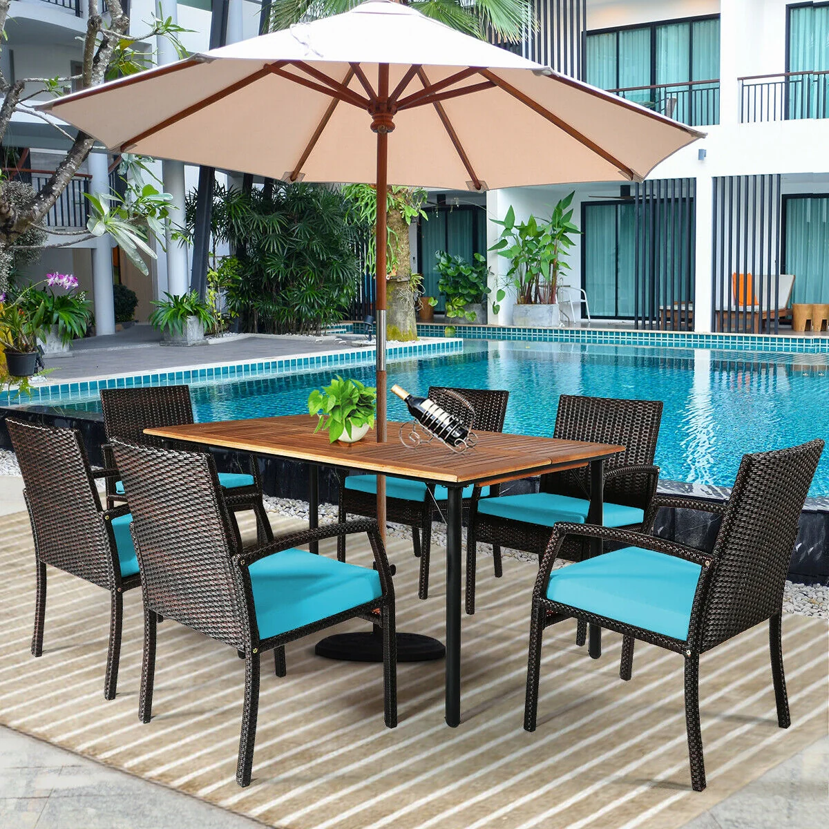 7Pcs Rattan Dining Set, With Umbrella Hole, Turquoise - Image 8