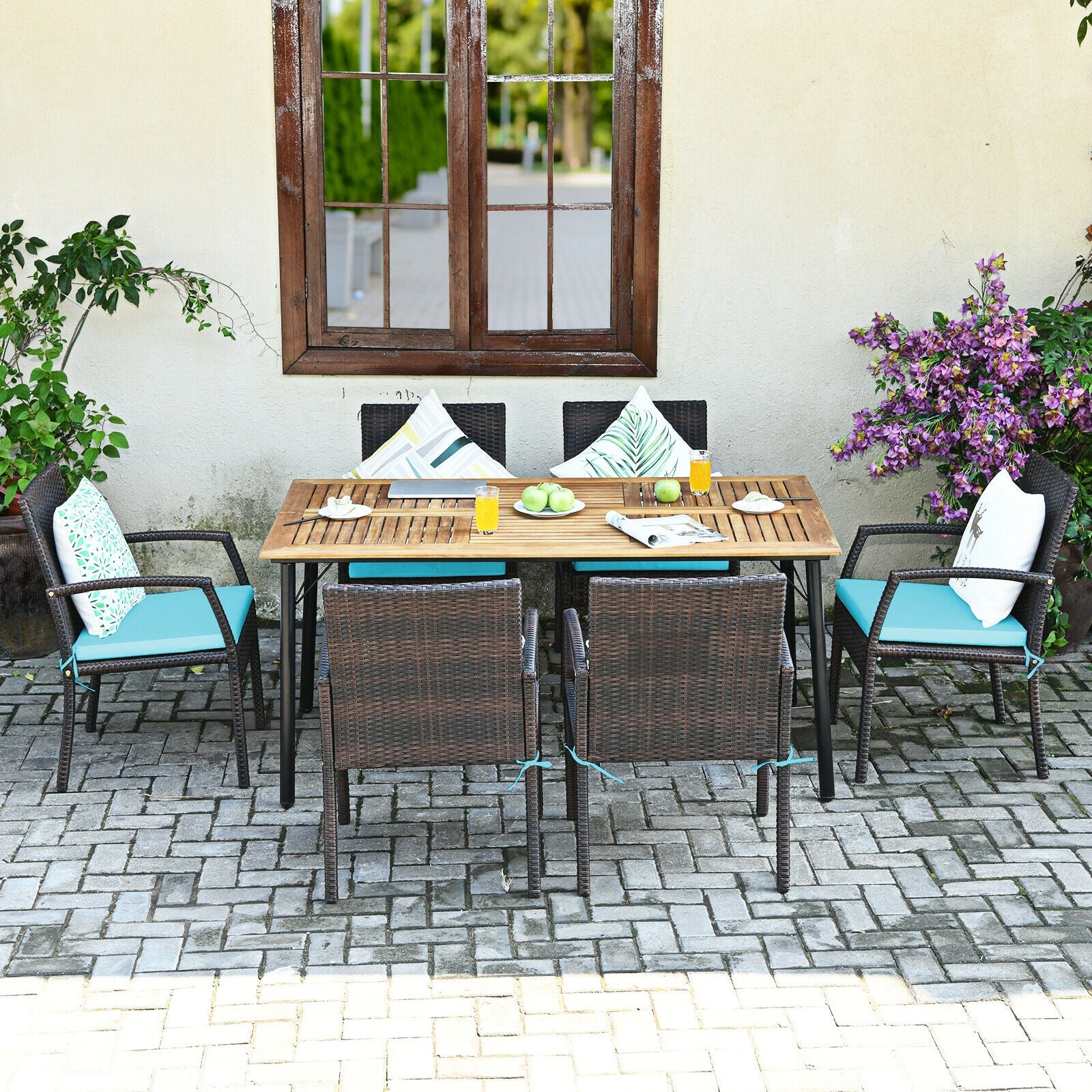 7Pcs Rattan Dining Set, With Umbrella Hole, Turquoise - Image 9
