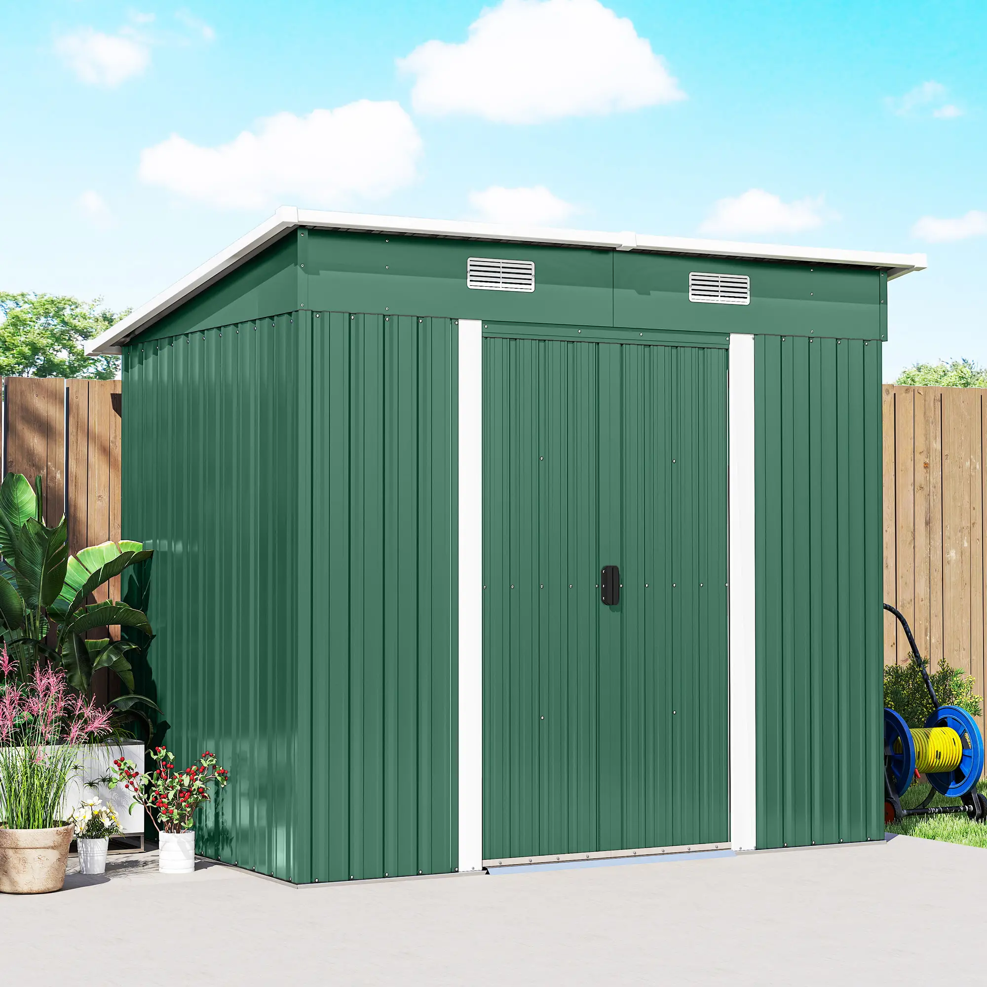 7'x 4' Metal Patio Storage Shed, Garden Tool Utility Unit, Green - Image 10
