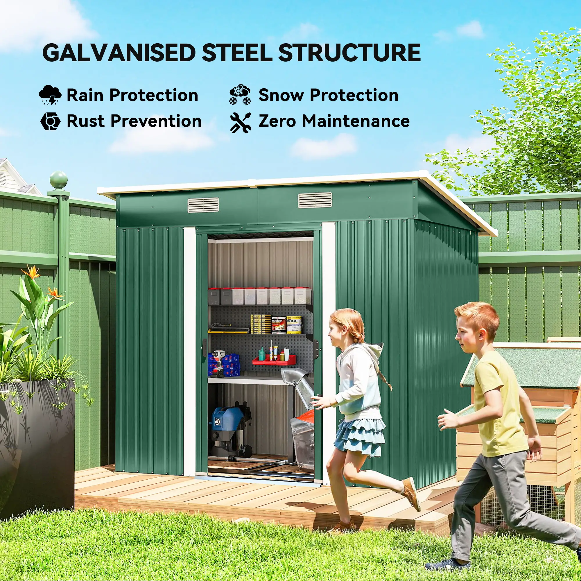7'x 4' Metal Patio Storage Shed, Garden Tool Utility Unit, Green - Image 4