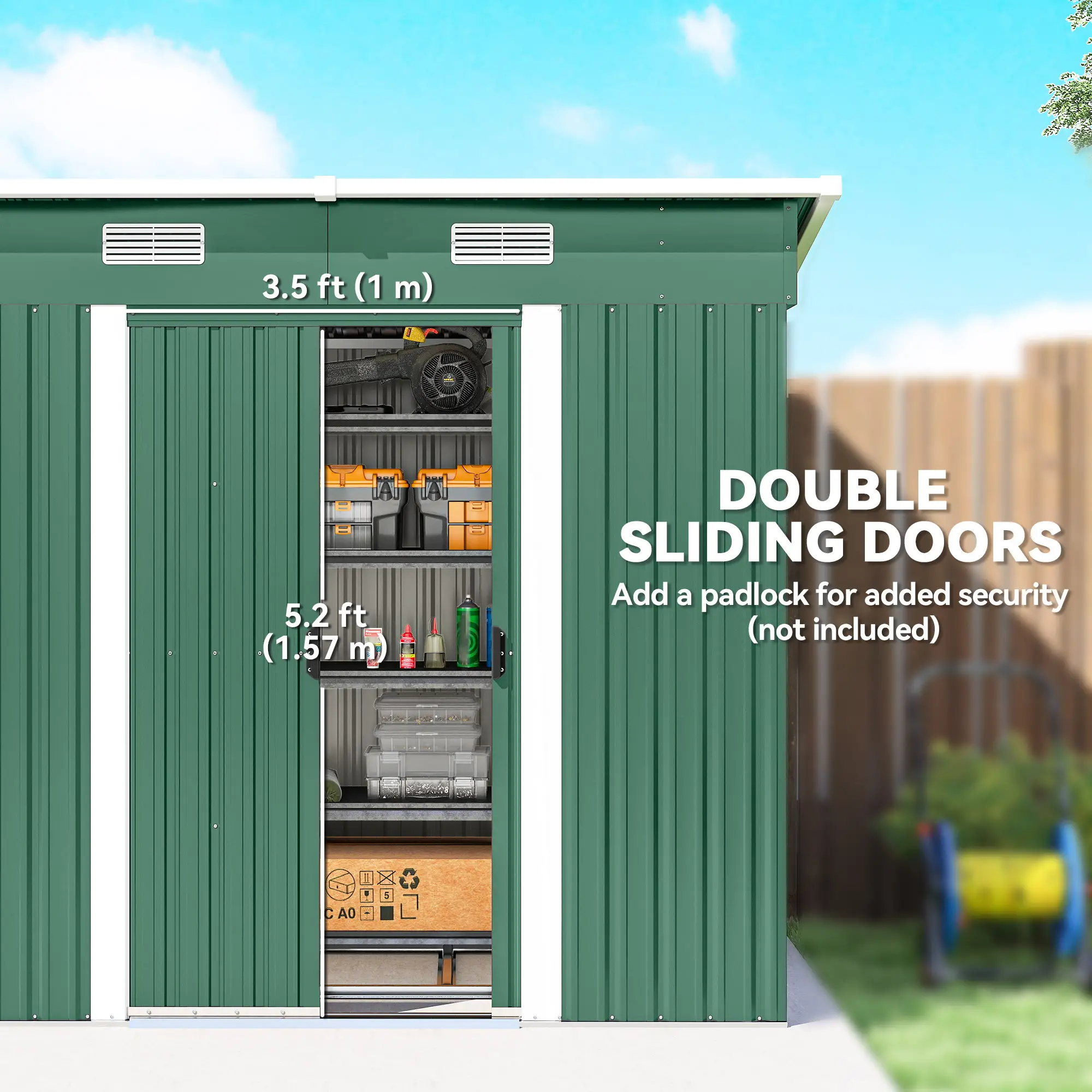 7'x 4' Metal Patio Storage Shed, Garden Tool Utility Unit, Green - Image 5