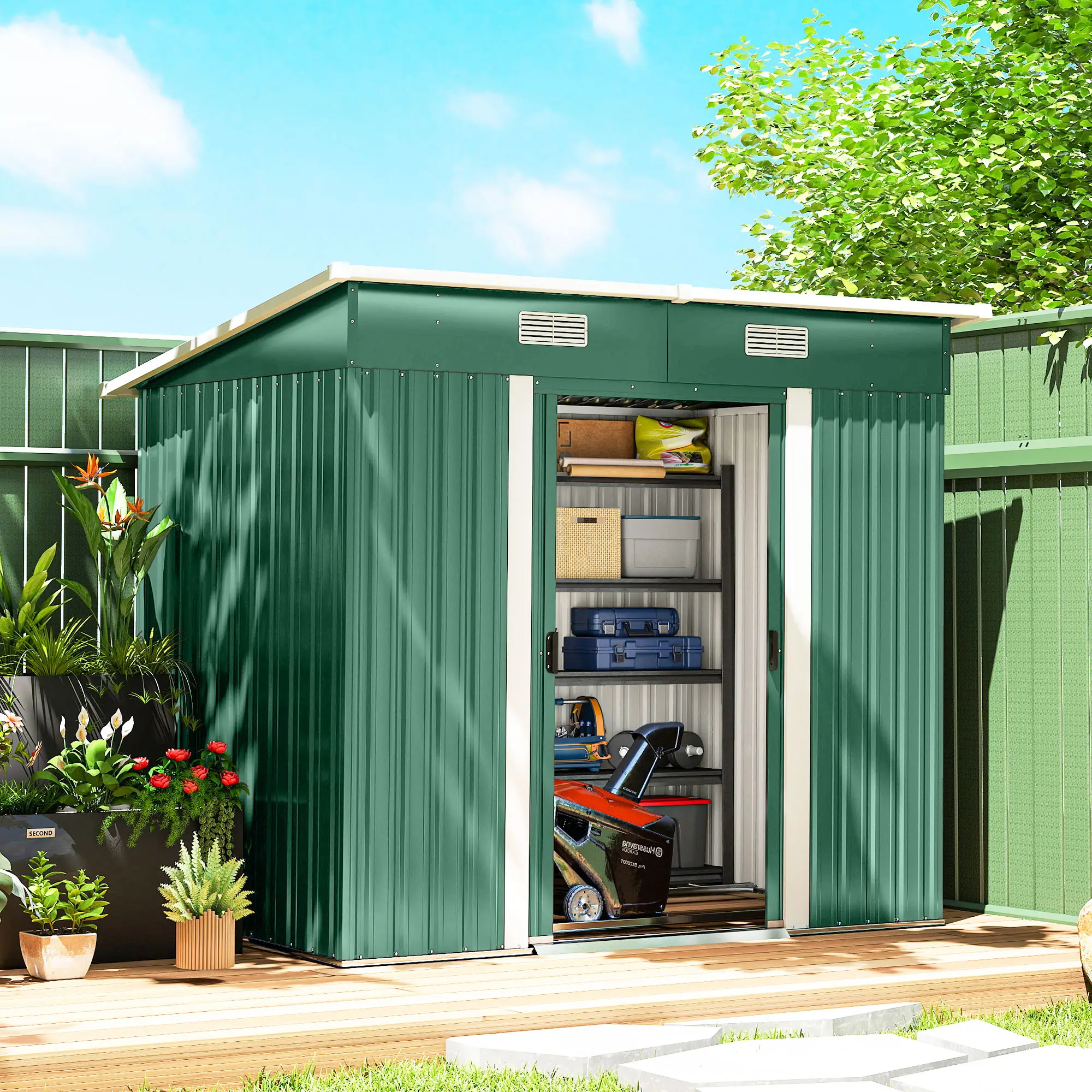 7'x 4' Metal Patio Storage Shed, Garden Tool Utility Unit, Green - Image 8