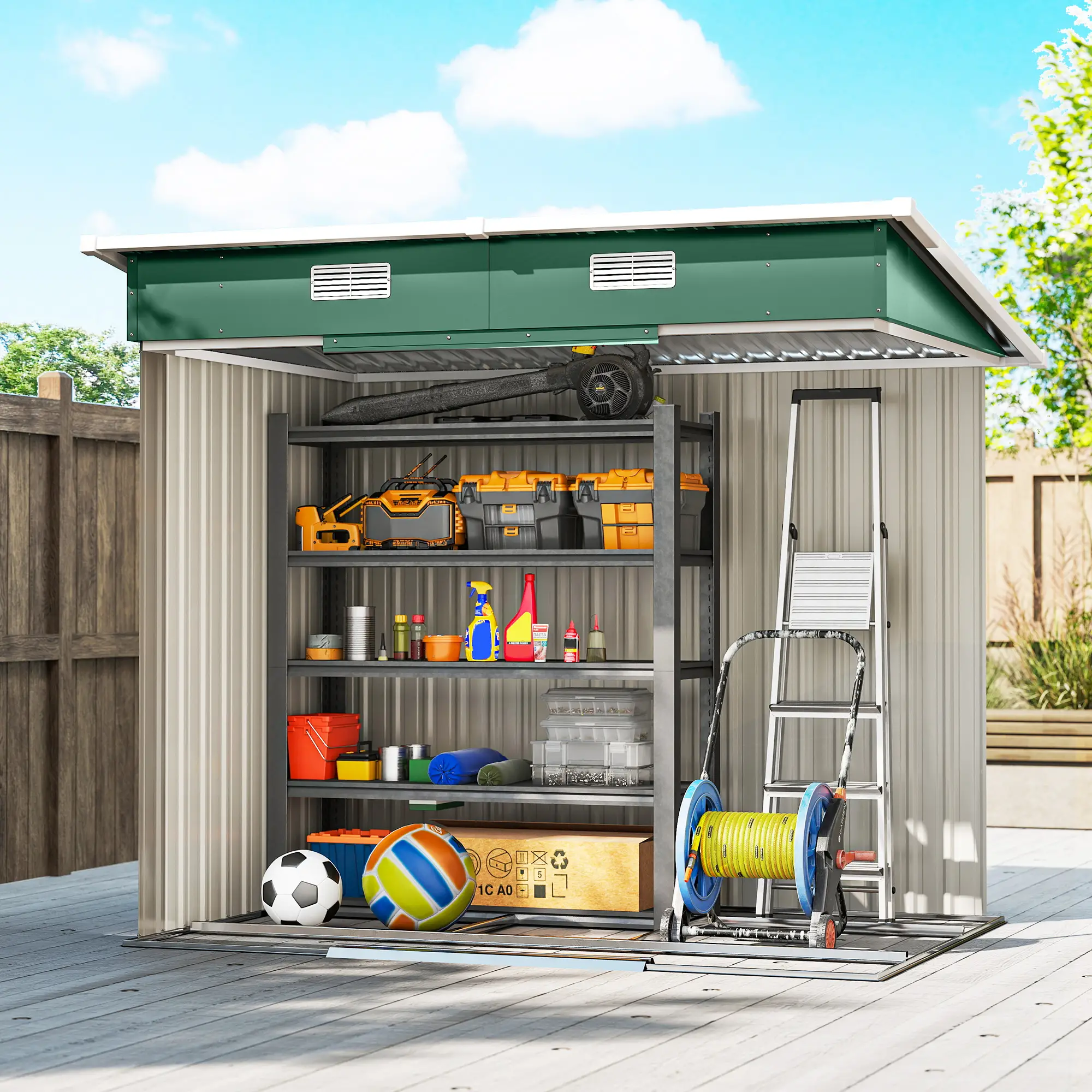 7'x 4' Metal Patio Storage Shed, Garden Tool Utility Unit, Green - Image 9