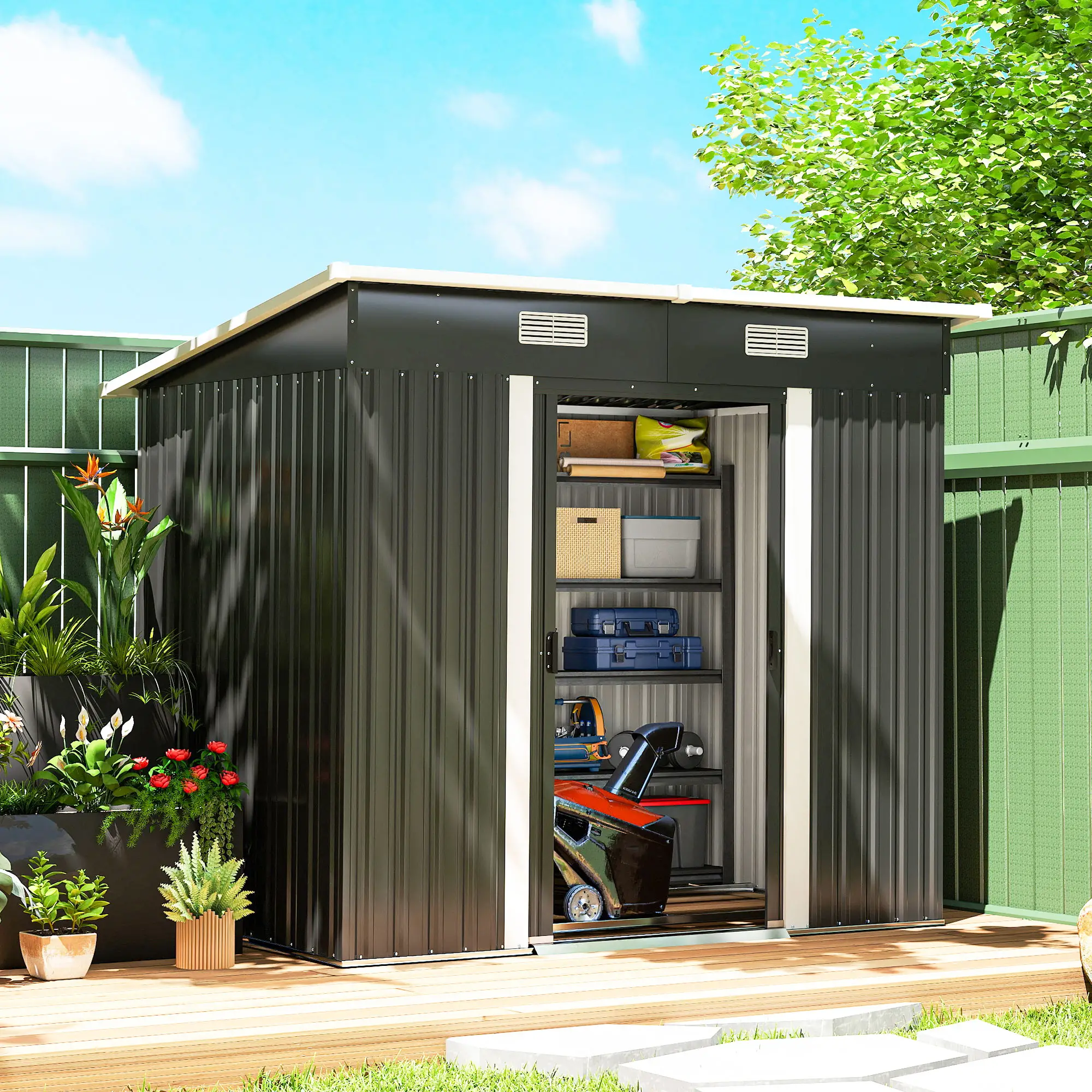 7'x4' Metal Patio Storage Shed, Garden Tool Utility Unit, Black - Image 2