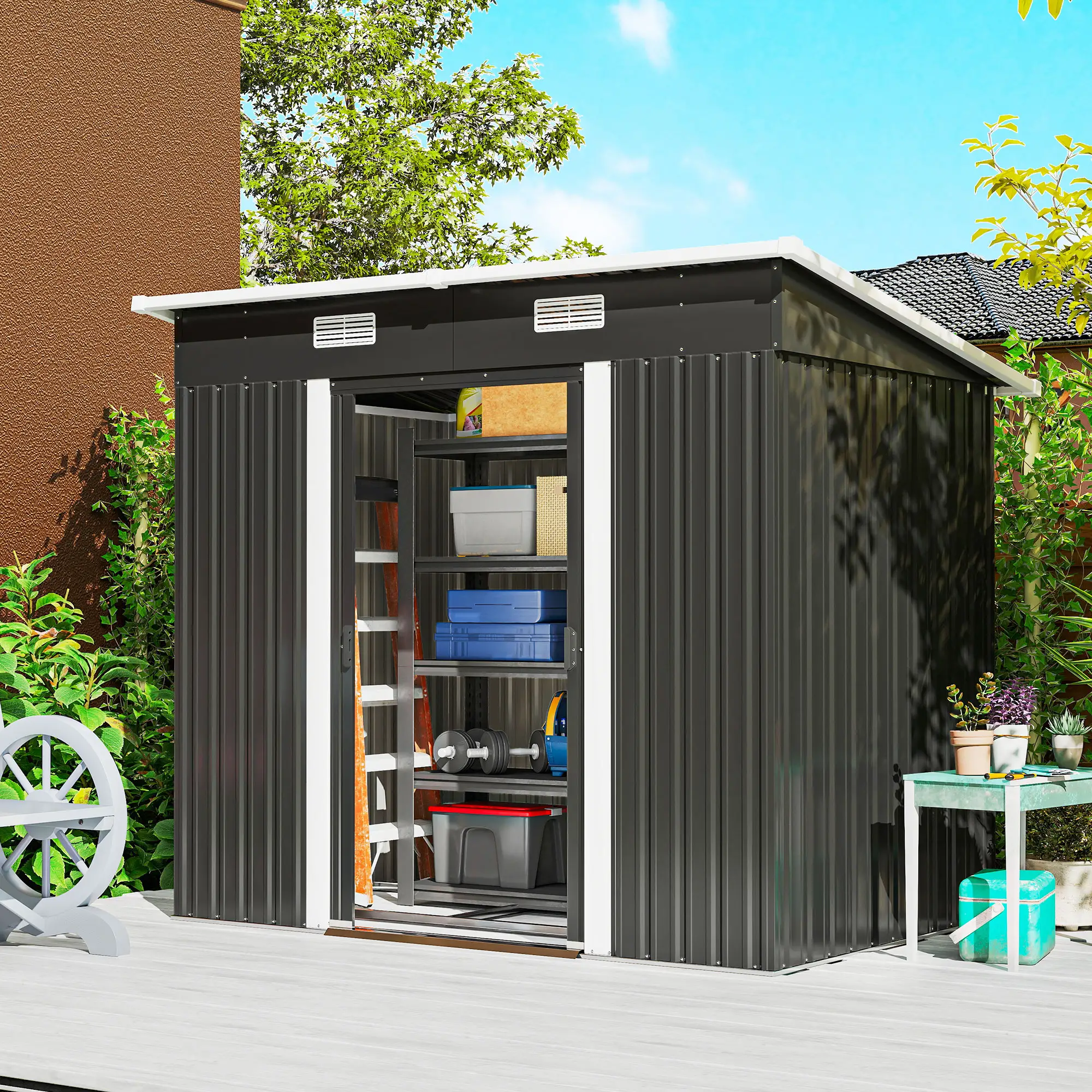 7'x4' Metal Patio Storage Shed, Garden Tool Utility Unit, Black - Image 8