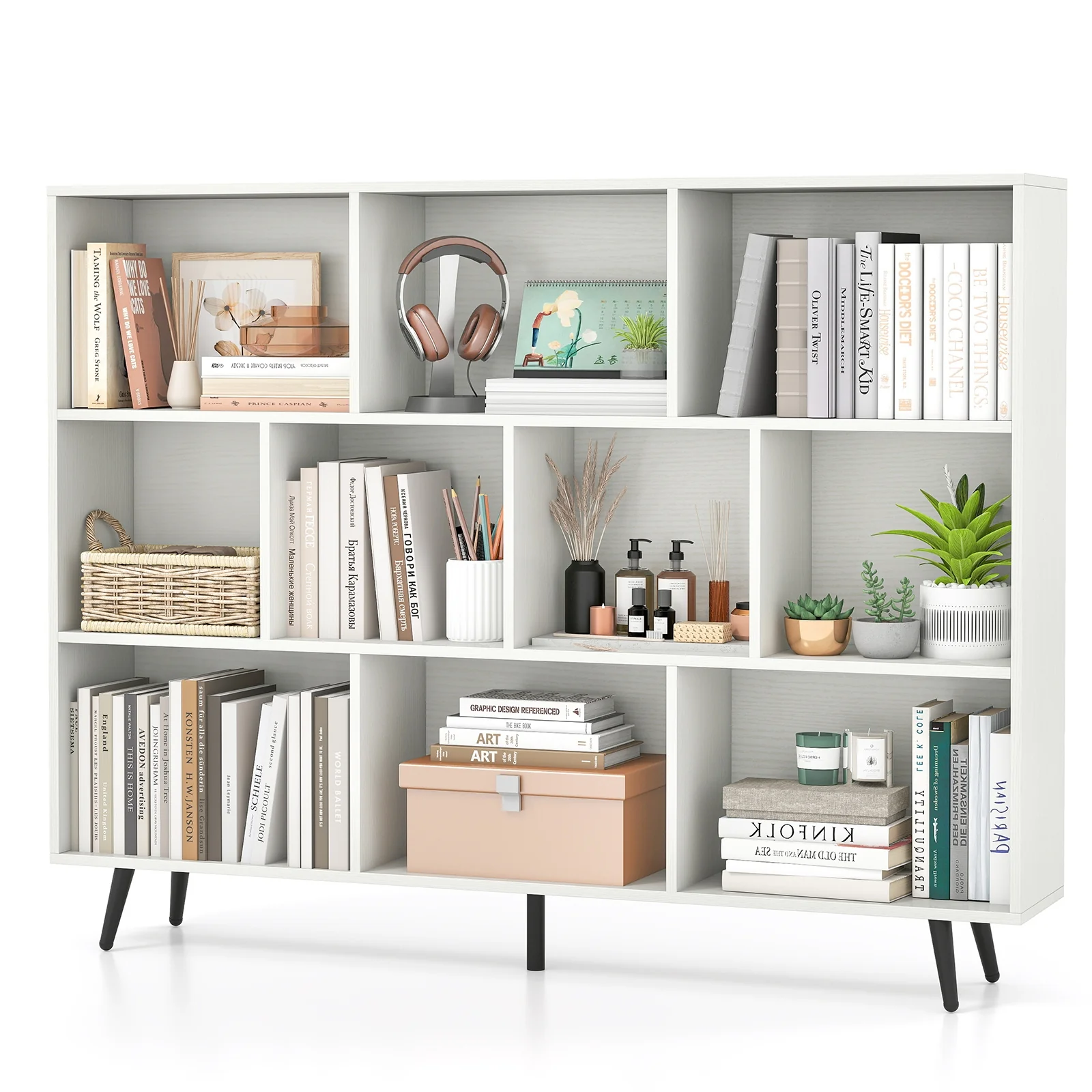 8/10-Cube Bookcase, 5 Tapered Metal Legs, Off White