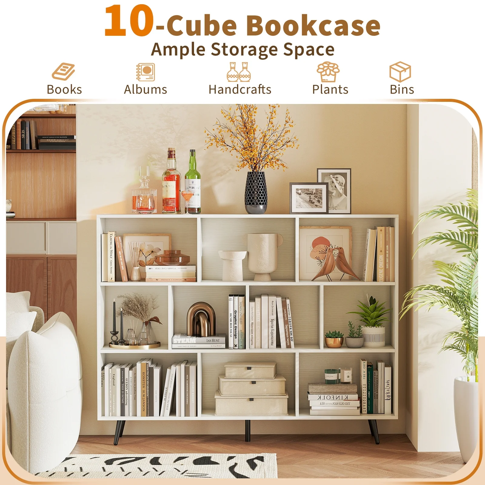 8/10-Cube Bookcase, 5 Tapered Metal Legs, Off White - Image 9