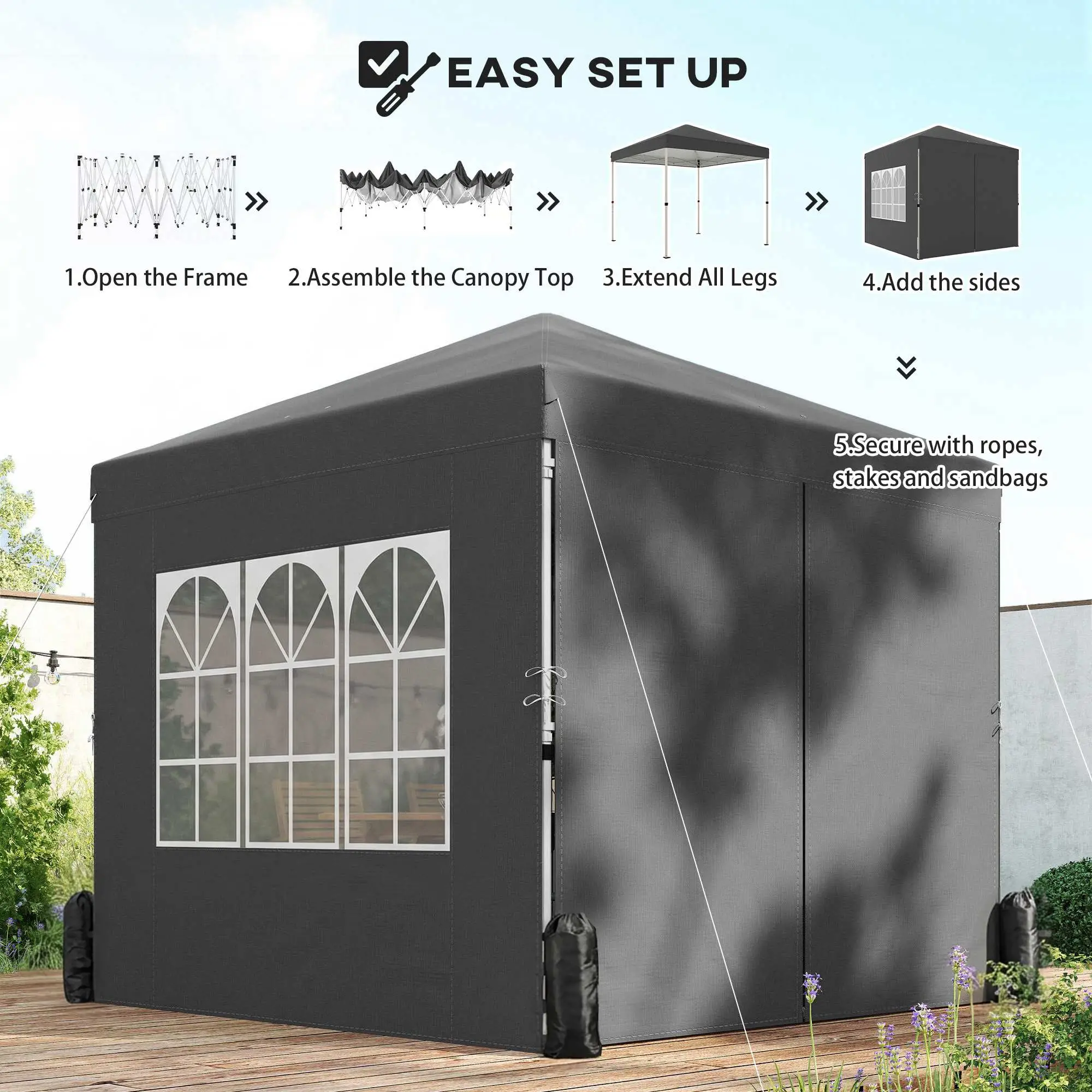 8.2 x 8.2 ft Pop Up Canopy Tent, 4 Sidewalls, UPF 50+, Sandbags, Dark Grey - Image 7