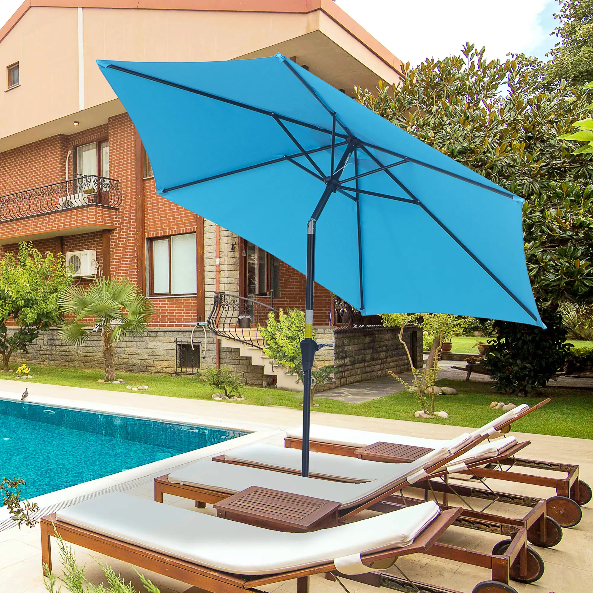 8.5' Round Aluminum Patio Umbrella, Tilt Canopy, 6 Ribs, Blue - Image 2