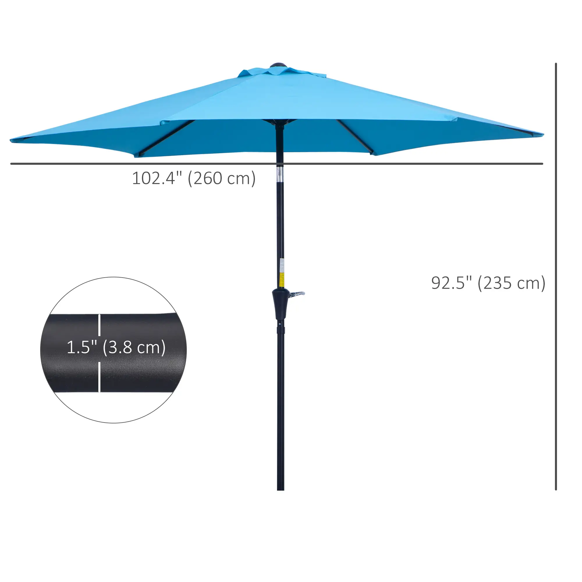 8.5' Round Aluminum Patio Umbrella, Tilt Canopy, 6 Ribs, Blue - Image 3