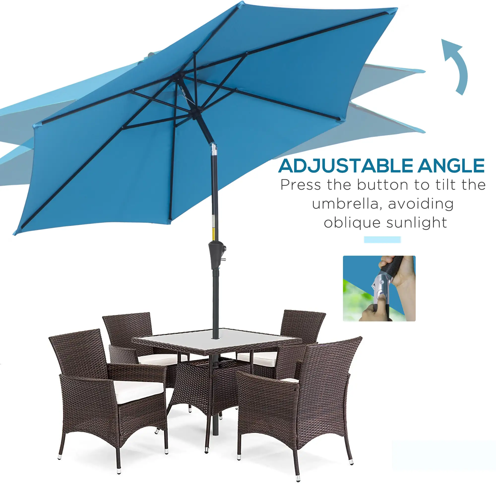 8.5' Round Aluminum Patio Umbrella, Tilt Canopy, 6 Ribs, Blue - Image 5