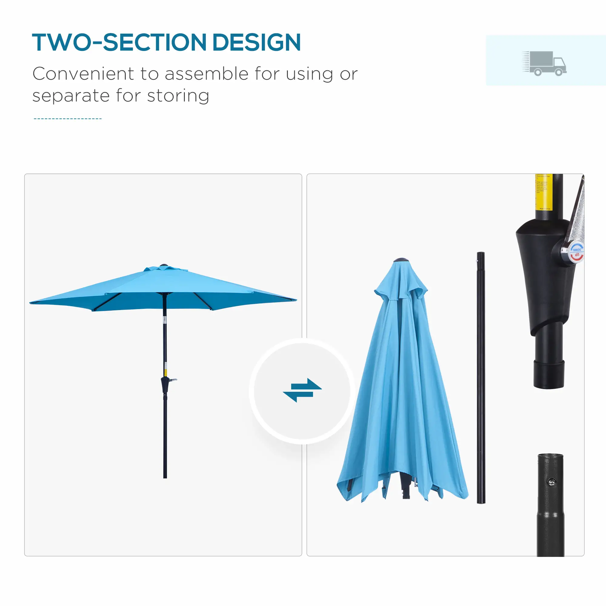 8.5' Round Aluminum Patio Umbrella, Tilt Canopy, 6 Ribs, Blue - Image 7