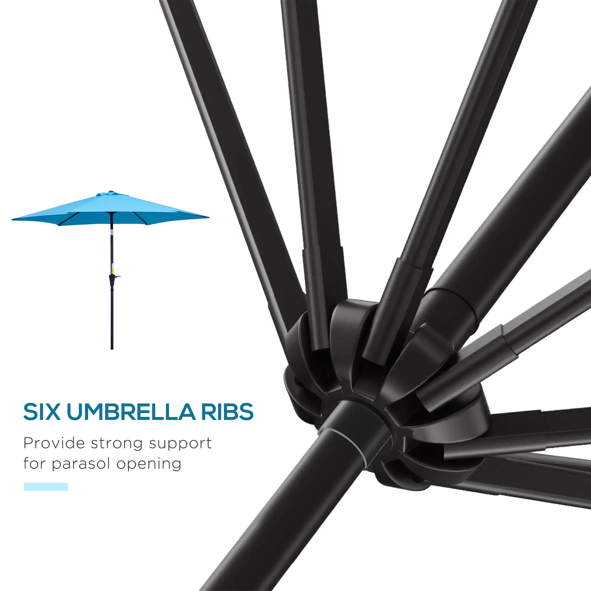8.5' Round Aluminum Patio Umbrella, Tilt Canopy, 6 Ribs, Blue - Image 9
