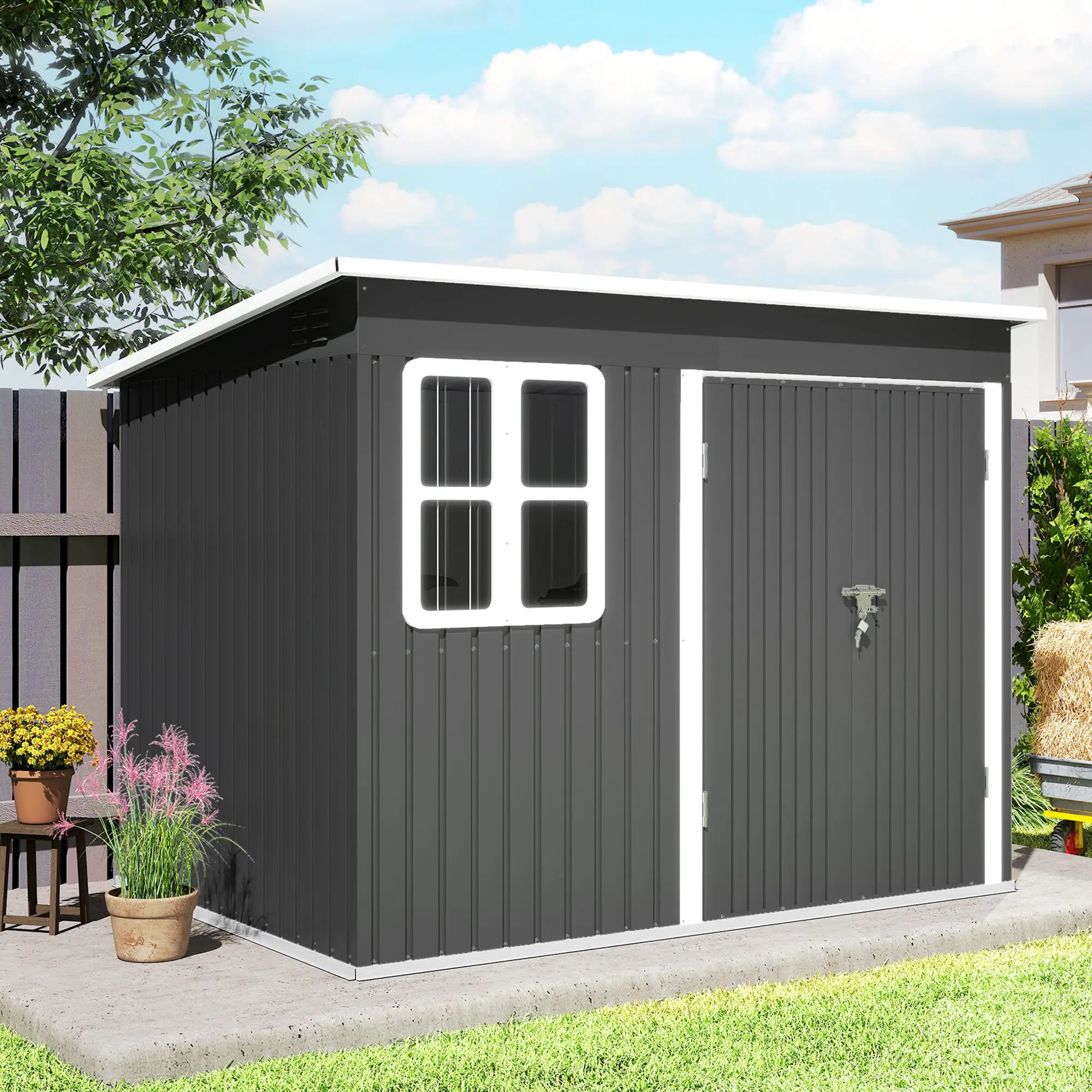 8.5' x 6' Galvanised Steel Outdoor Storage Shed, Lockable Doors, Dark Grey - Image 10
