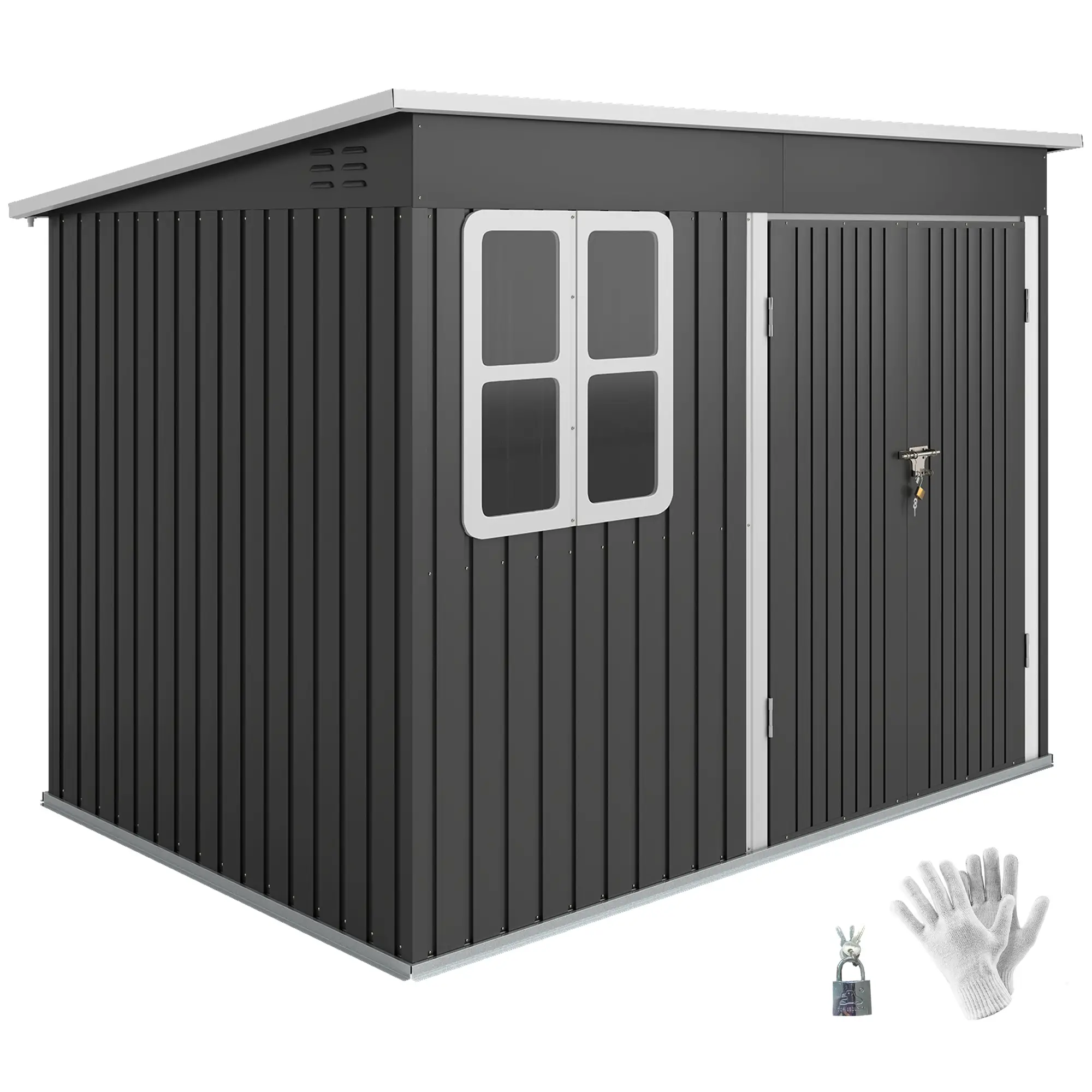 8.5' x 6' Galvanised Steel Outdoor Storage Shed, Lockable Doors, Dark Grey - Image 11