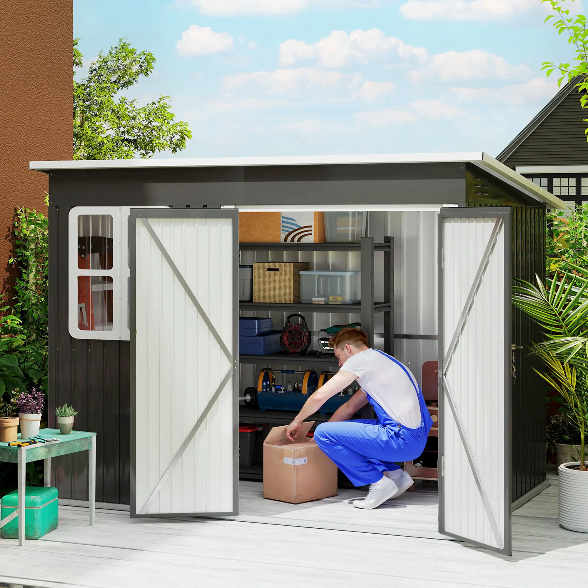 8.5' x 6' Galvanised Steel Outdoor Storage Shed, Lockable Doors, Dark Grey - Image 2