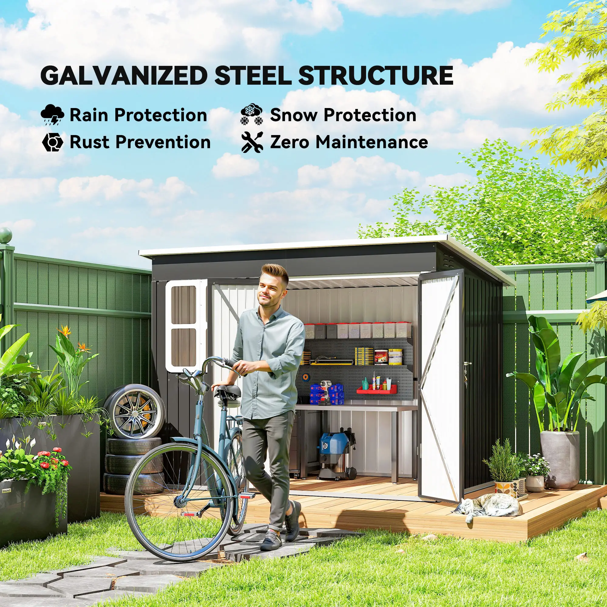 8.5' x 6' Galvanised Steel Outdoor Storage Shed, Lockable Doors, Dark Grey - Image 4