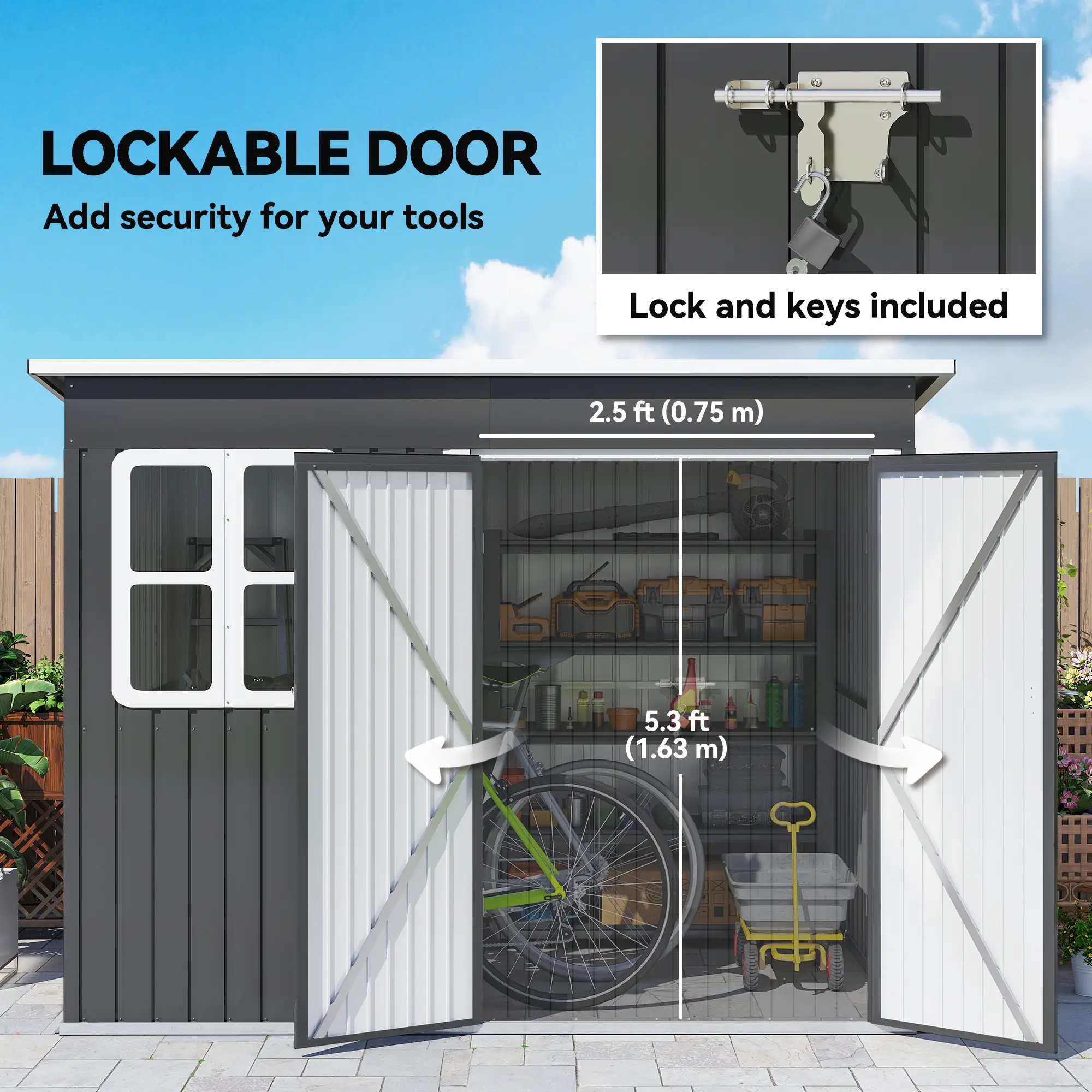 8.5' x 6' Galvanised Steel Outdoor Storage Shed, Lockable Doors, Dark Grey - Image 6