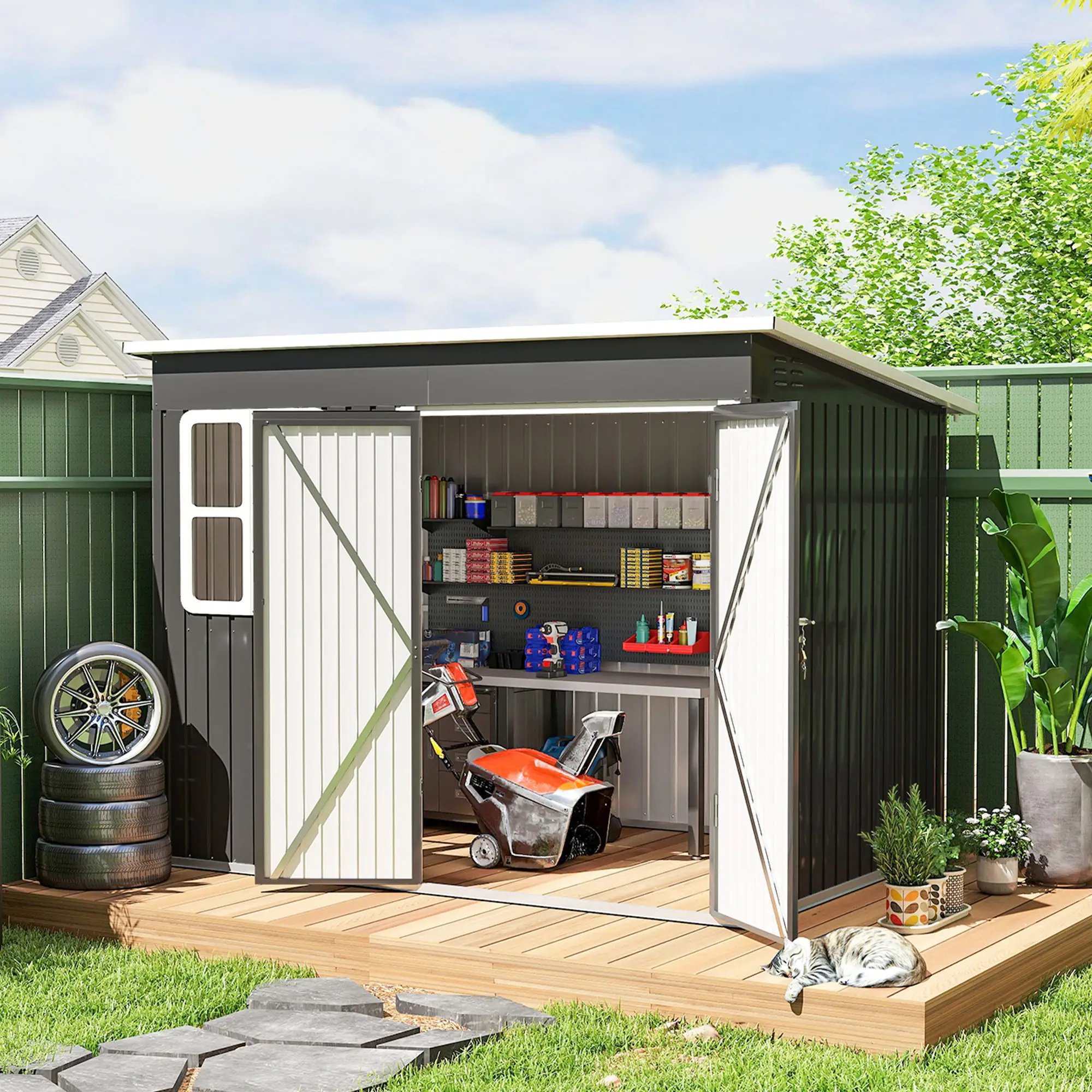 8.5' x 6' Galvanised Steel Outdoor Storage Shed, Lockable Doors, Dark Grey - Image 8