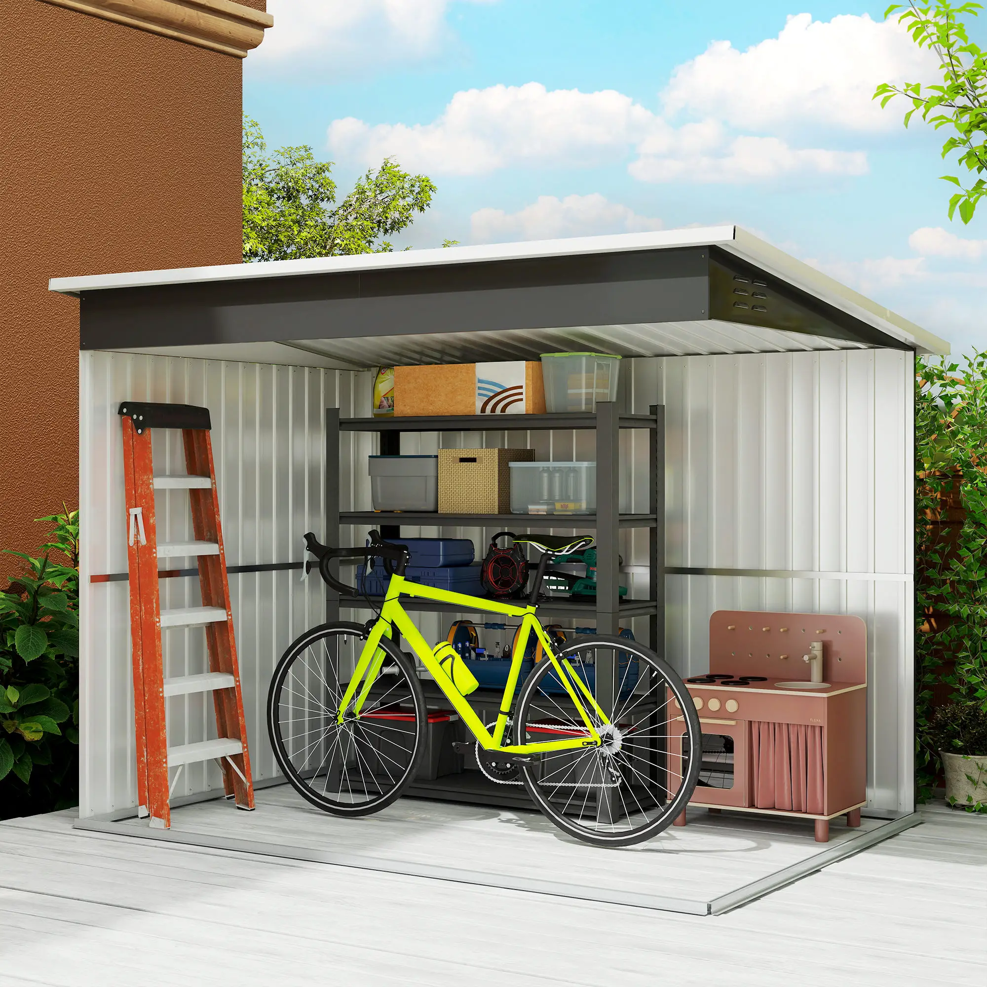 8.5' x 6' Galvanised Steel Outdoor Storage Shed, Lockable Doors, Dark Grey - Image 9