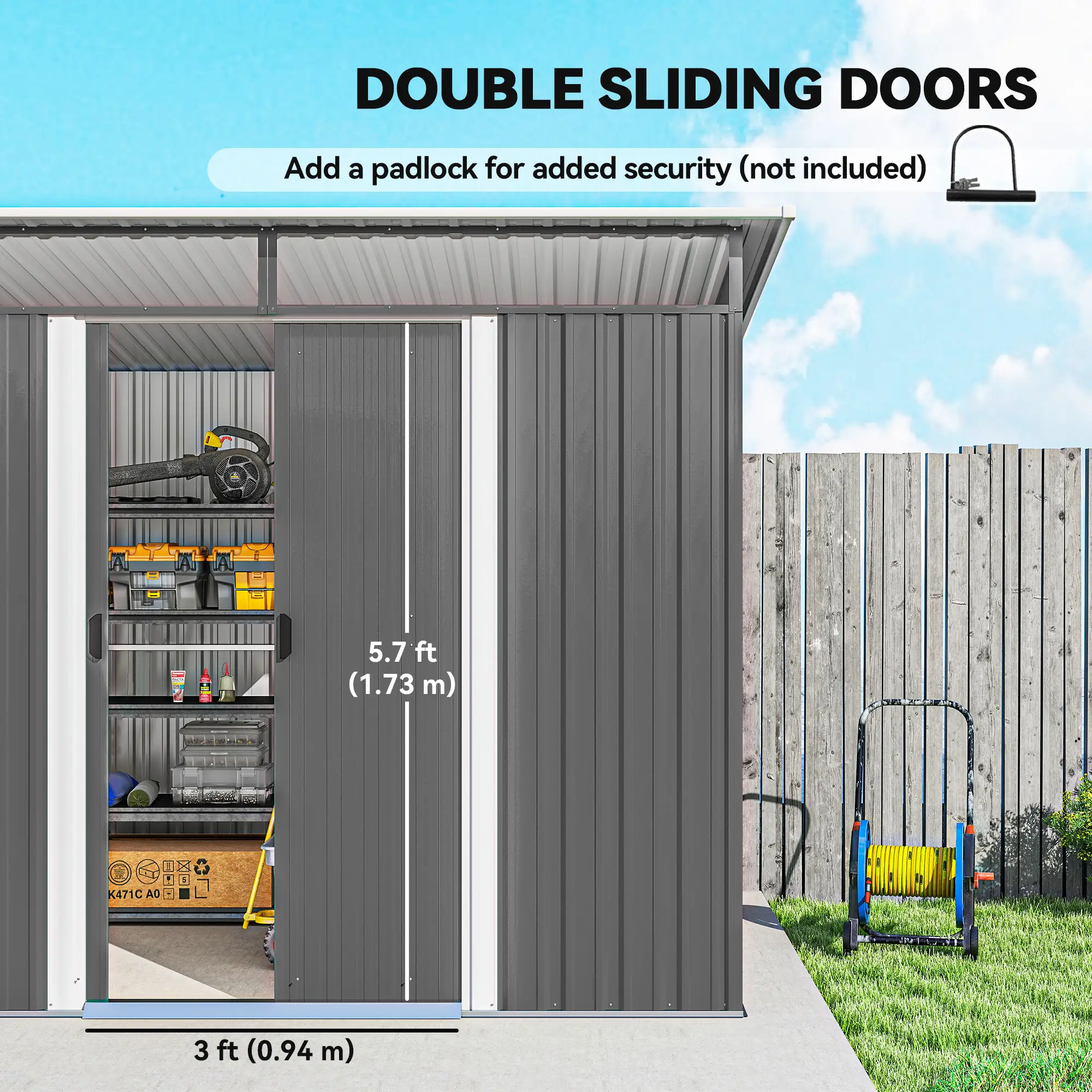 8.5' x 6' Metal Garden Shed, Utility Tool Storage, Grey - Image 5