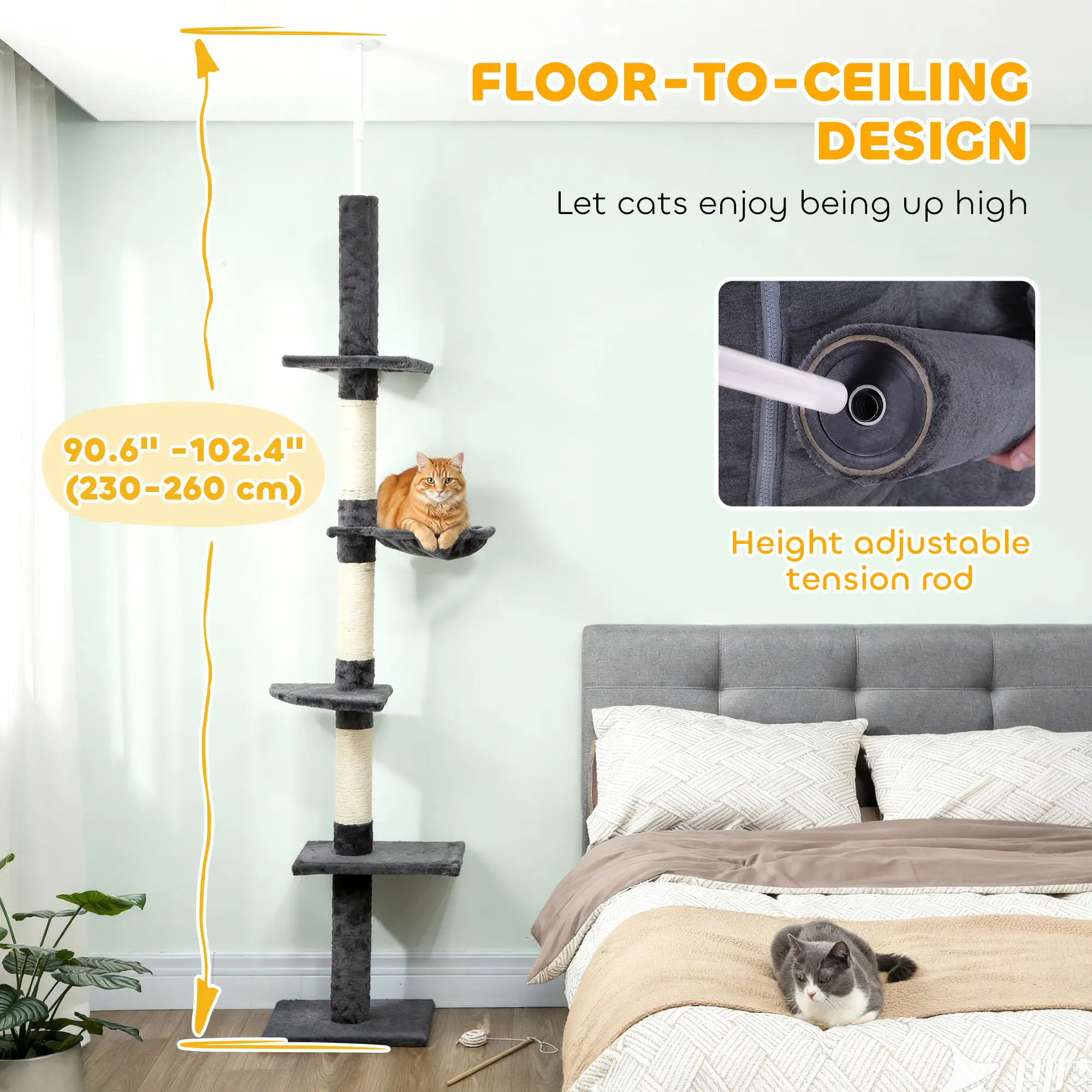 8.5ft Cat Climbing Tree, 5-Tier Activity Center, Scratching Post, Dark Grey - Image 4