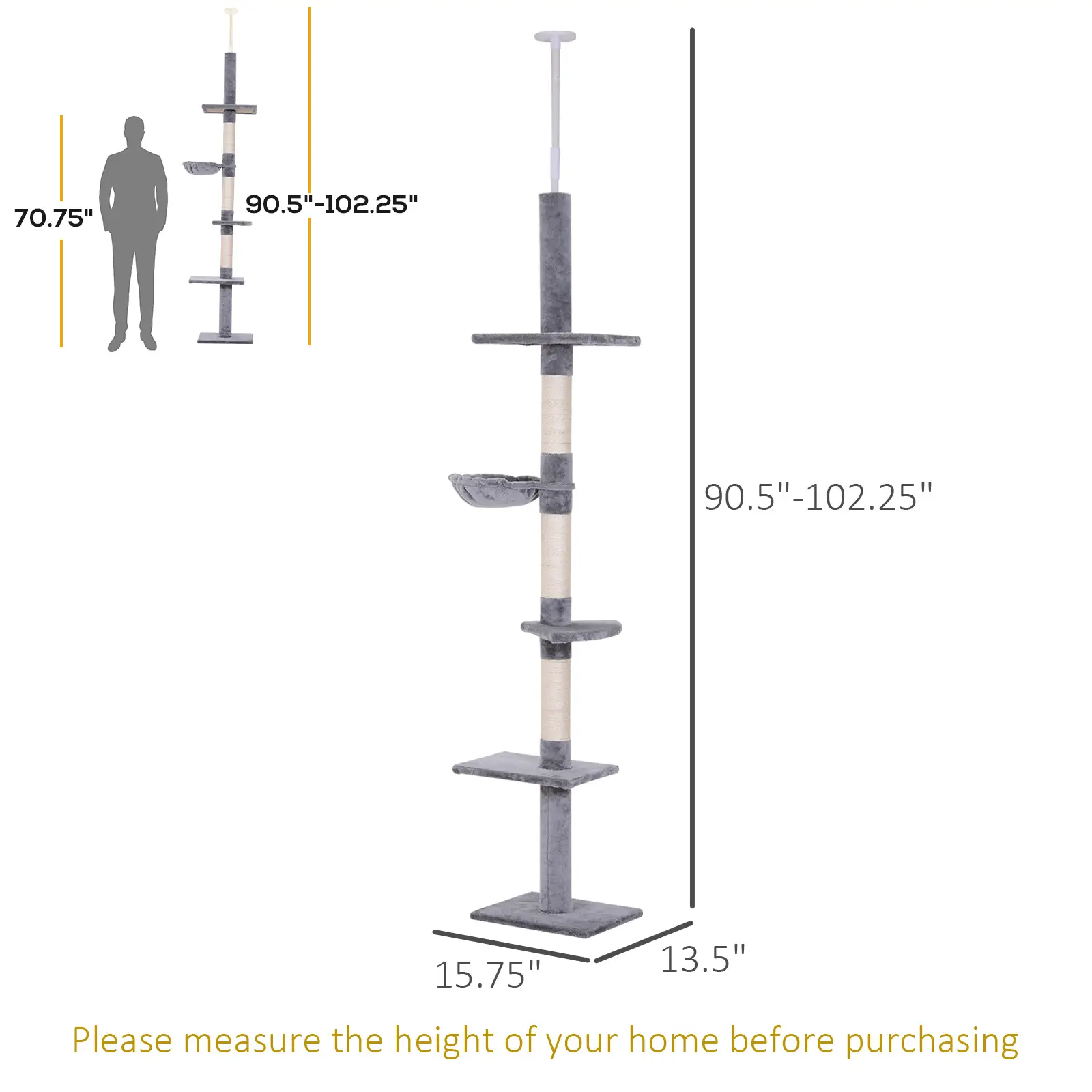 8.5ft Cat Climbing Tree, 5-Tier Activity Center, Scratching Post, Grey - Image 3