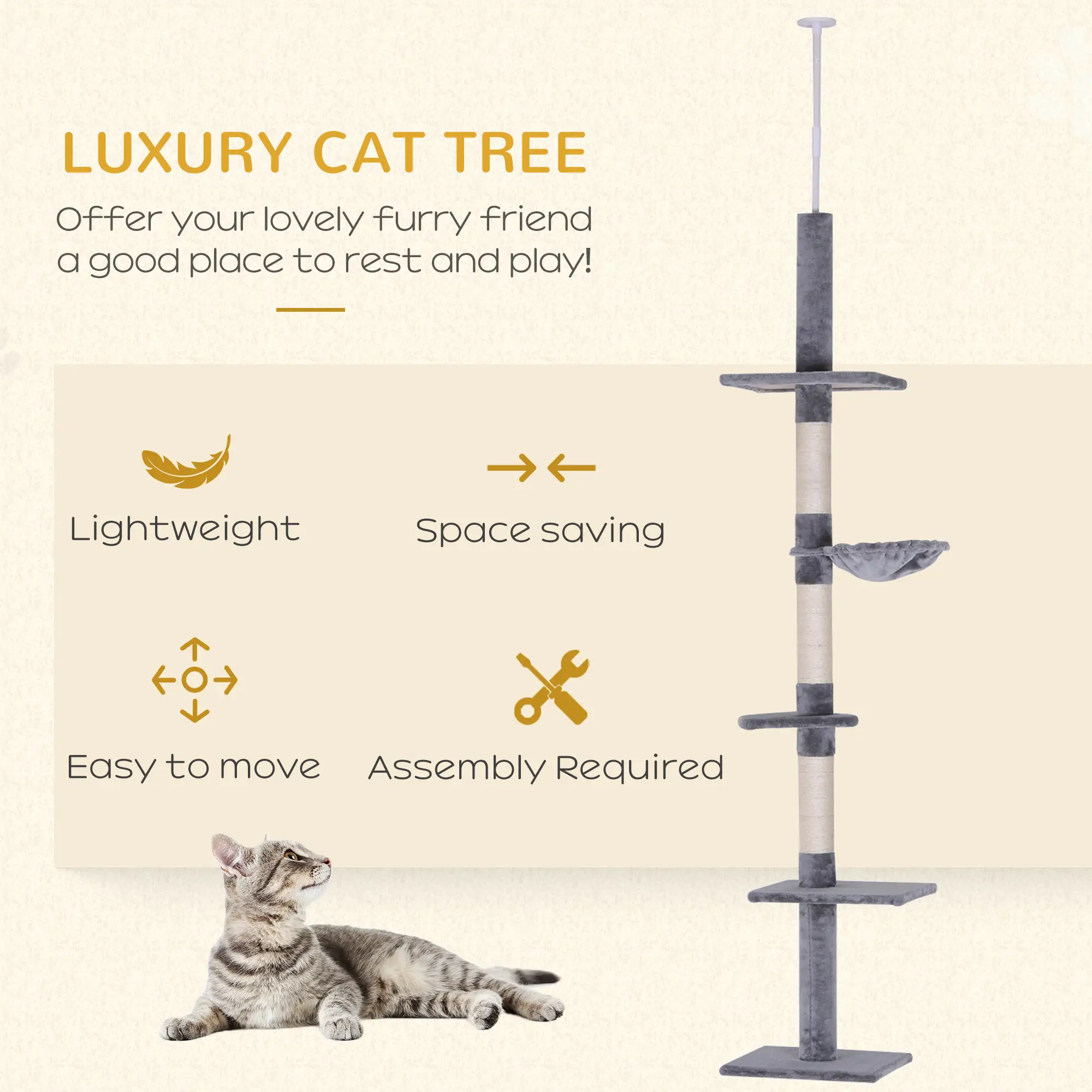8.5ft Cat Climbing Tree, 5-Tier Activity Center, Scratching Post, Grey - Image 4