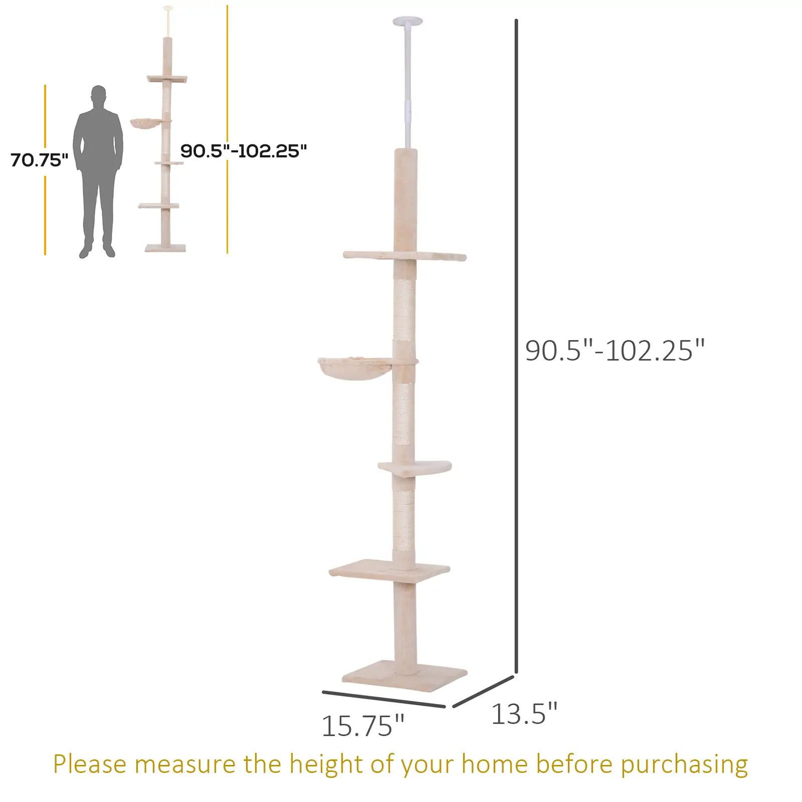 8.5ft Cat Climbing Tree, 5-Tier Kitty Activity Center, Scratching Post, Beige - Image 3