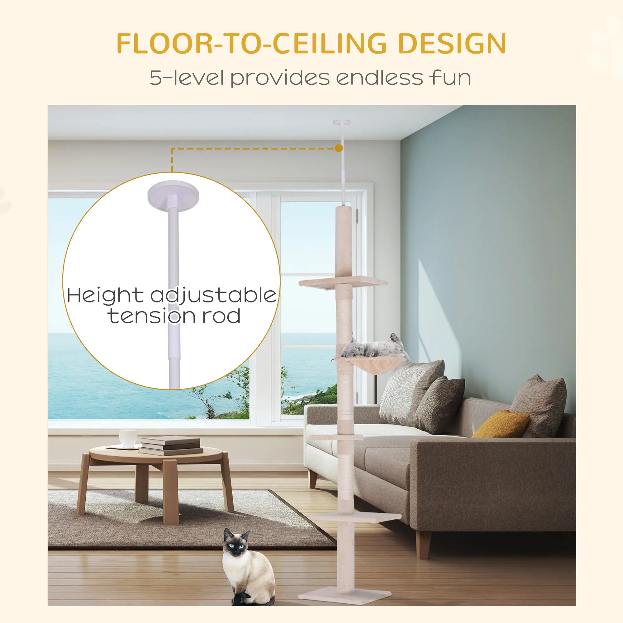 8.5ft Cat Climbing Tree, 5-Tier Kitty Activity Center, Scratching Post, Beige - Image 5