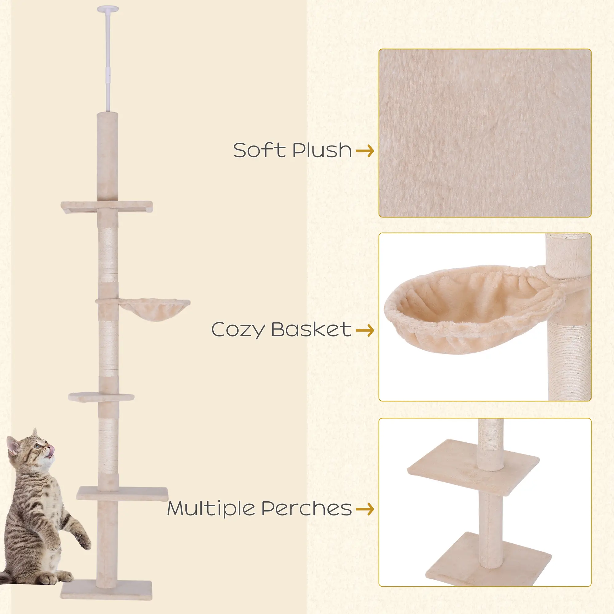 8.5ft Cat Climbing Tree, 5-Tier Kitty Activity Center, Scratching Post, Beige - Image 6