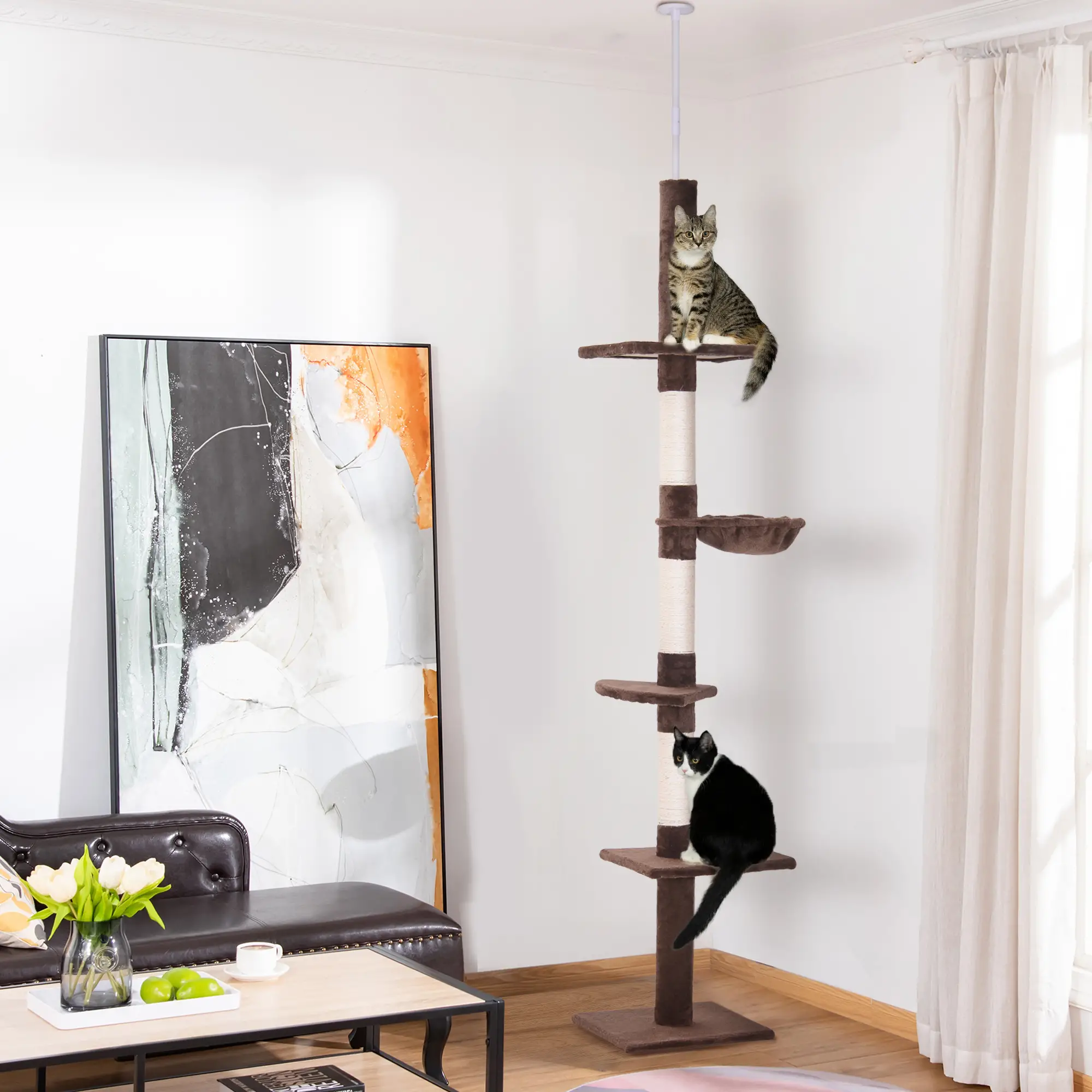 8.5ft Cat Climbing Tree, 5-Tier Kitty Activity Center, Scratching Post, Brown and White - Image 2