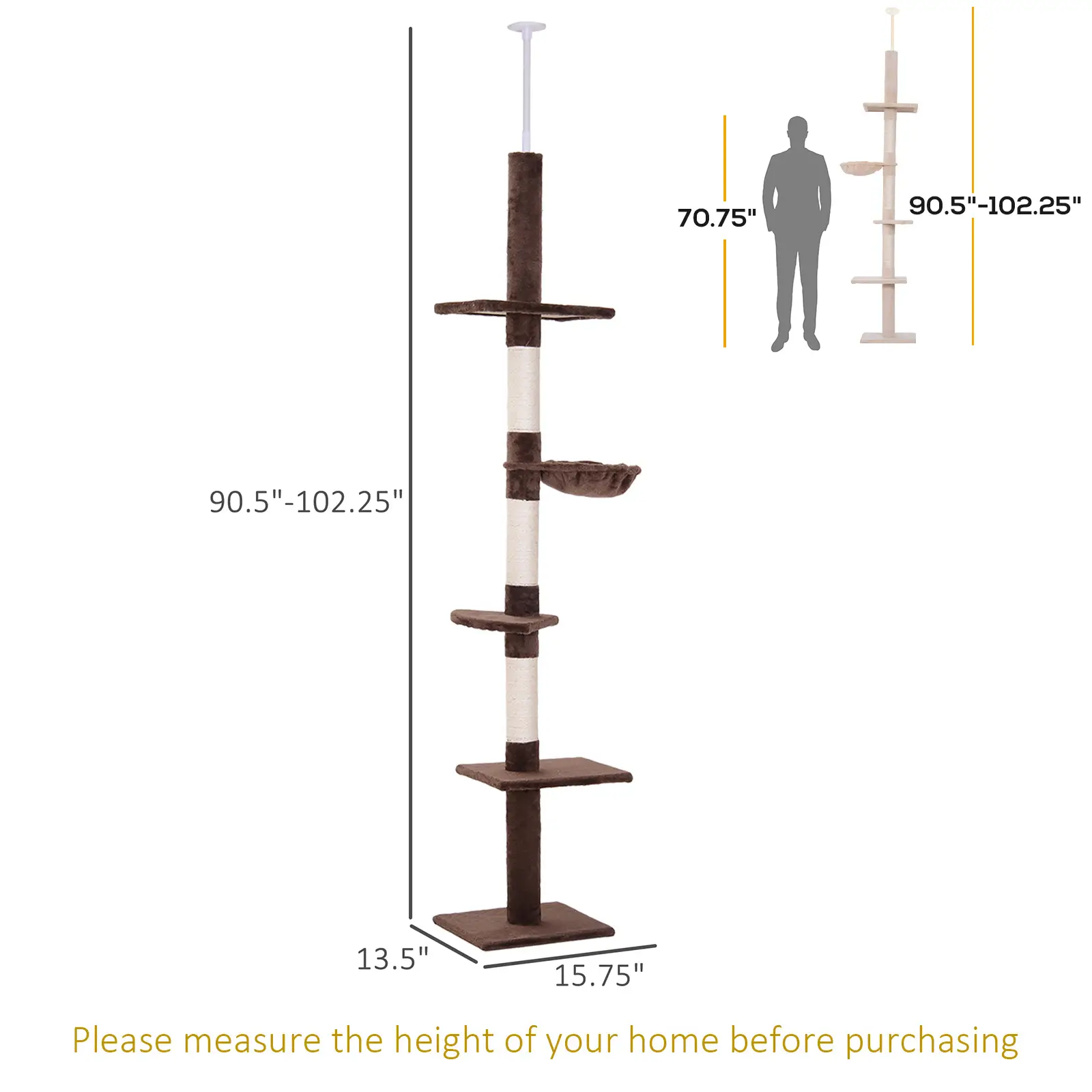 8.5ft Cat Climbing Tree, 5-Tier Kitty Activity Center, Scratching Post, Brown and White - Image 3