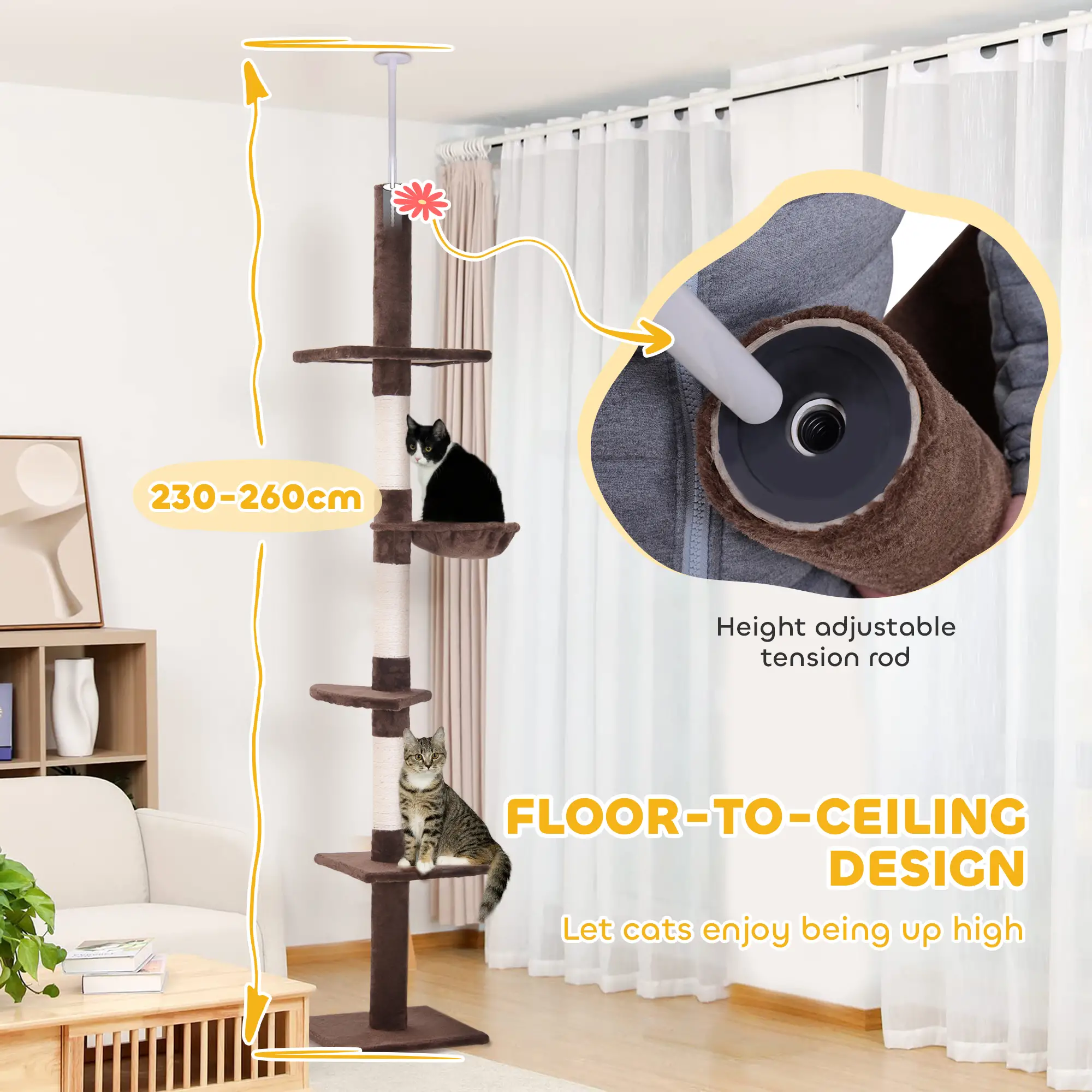 8.5ft Cat Climbing Tree, 5-Tier Kitty Activity Center, Scratching Post, Brown and White - Image 4