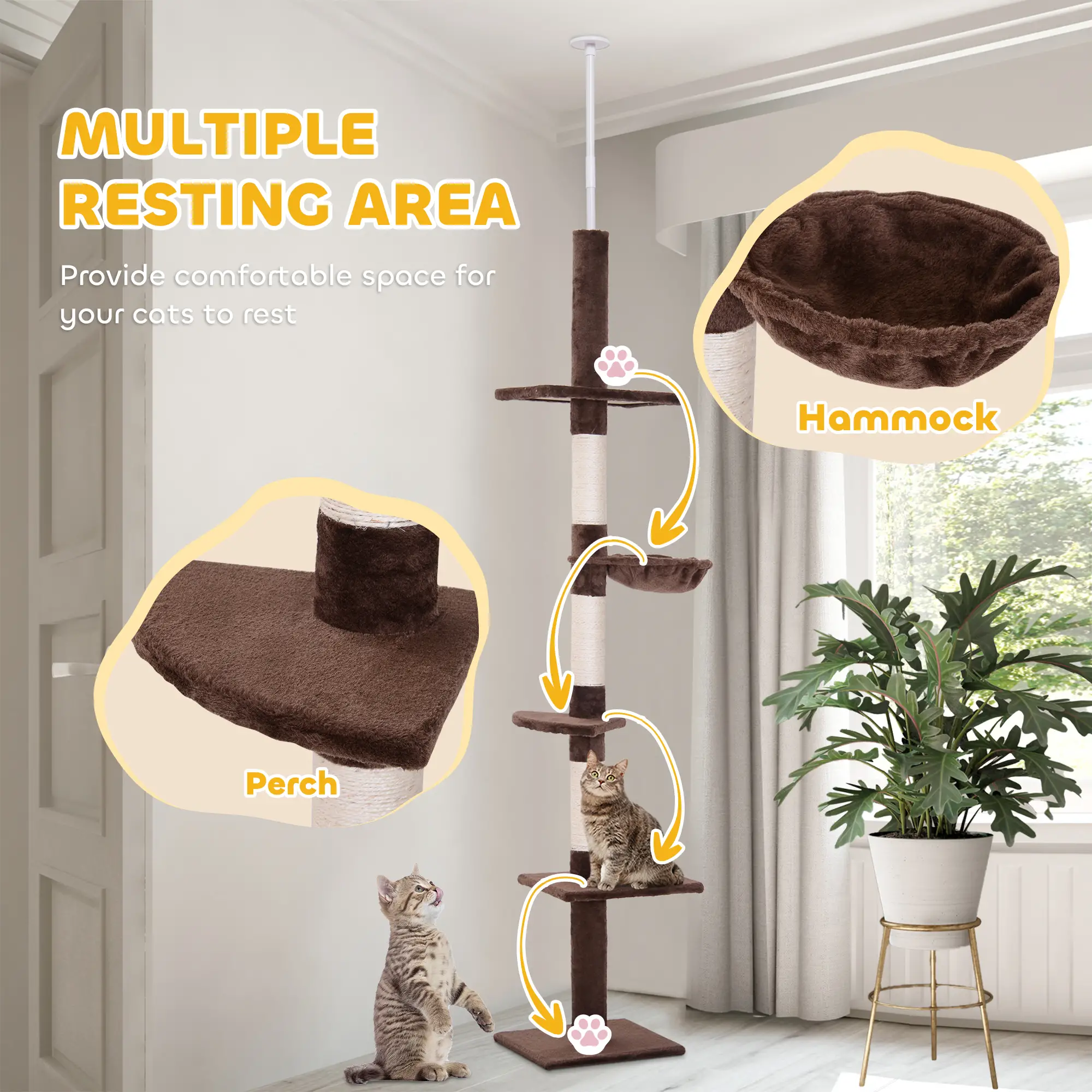 8.5ft Cat Climbing Tree, 5-Tier Kitty Activity Center, Scratching Post, Brown and White - Image 5