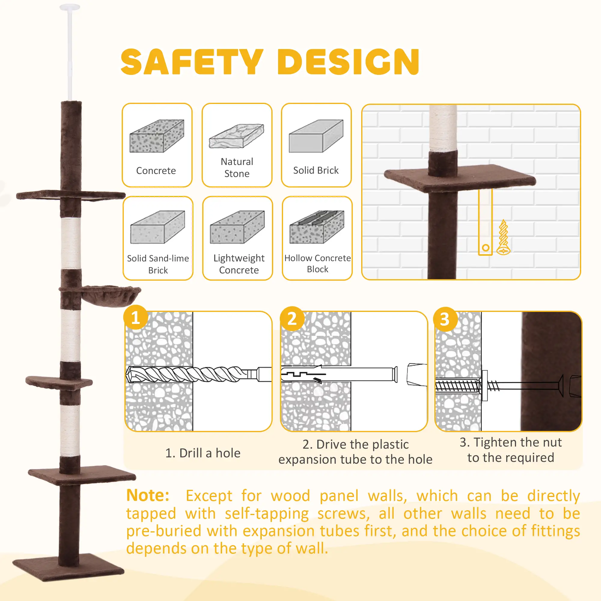 8.5ft Cat Climbing Tree, 5-Tier Kitty Activity Center, Scratching Post, Brown and White - Image 7