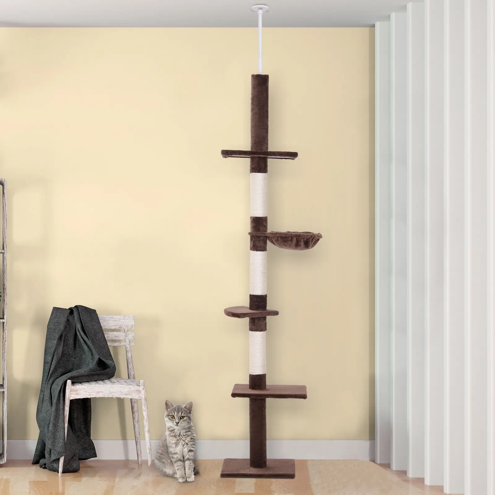 8.5ft Cat Climbing Tree, 5-Tier Kitty Activity Center, Scratching Post, Brown and White - Image 8