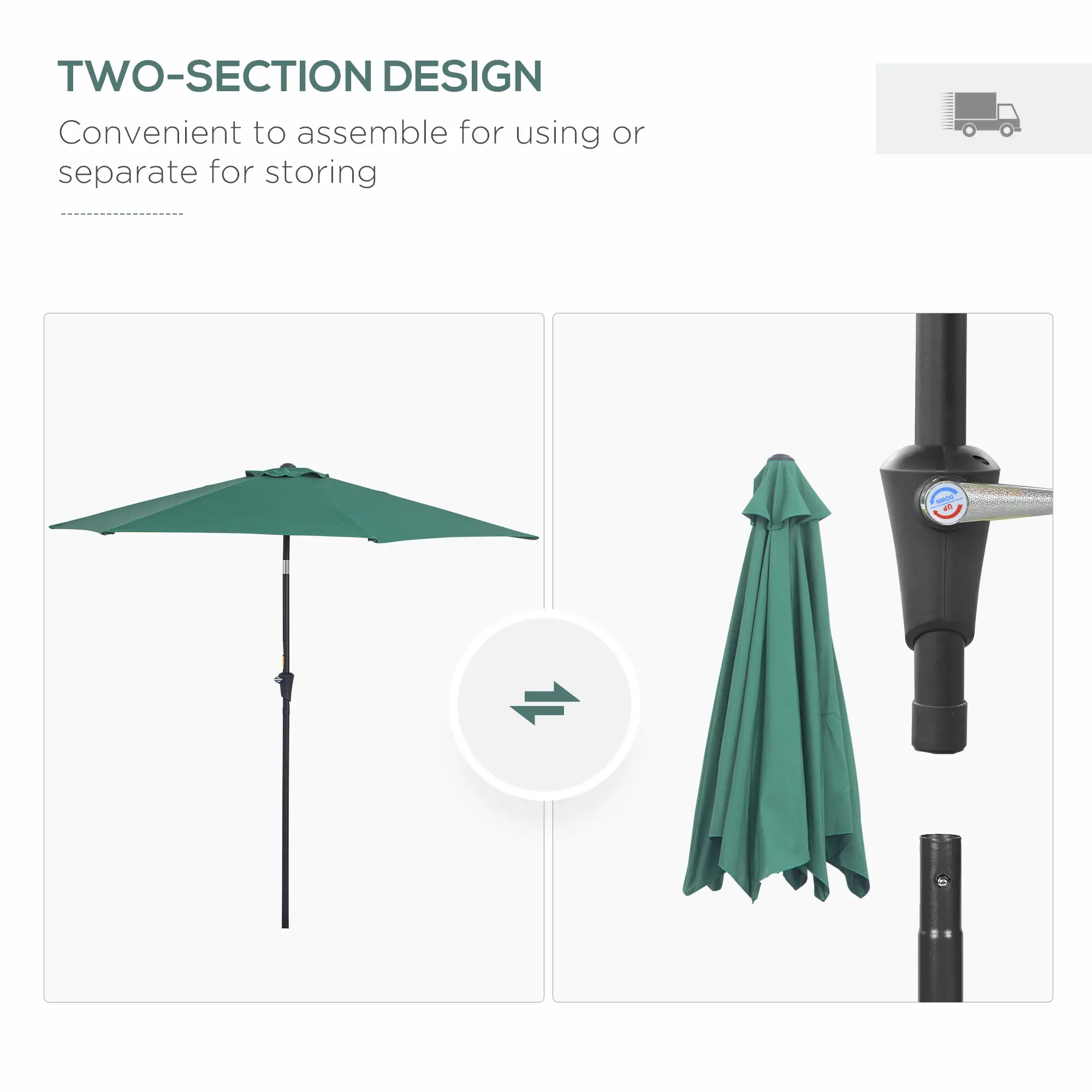 8.5FT Round Garden Parasol, 6 Ribs, Tilt Canopy, Crank Handle, Green - Image 7
