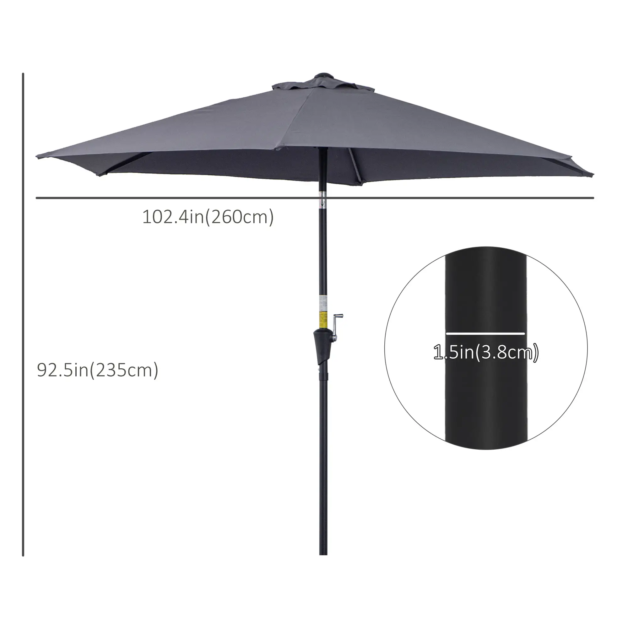 8.5FT Round Patio Umbrella, 6 Ribs, Tilt Canopy with Crank Handle, Grey - Image 3