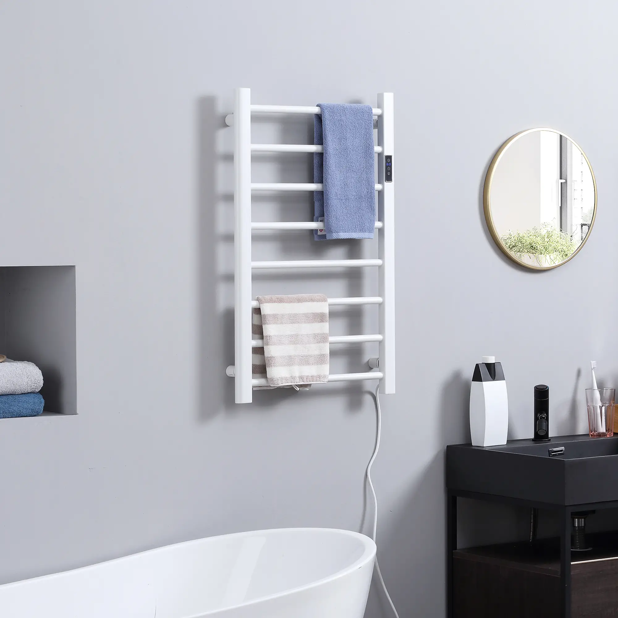 8-Bar Heated Towel Warmer, Wall Mount, Adjustable Temperature, White - Image 2