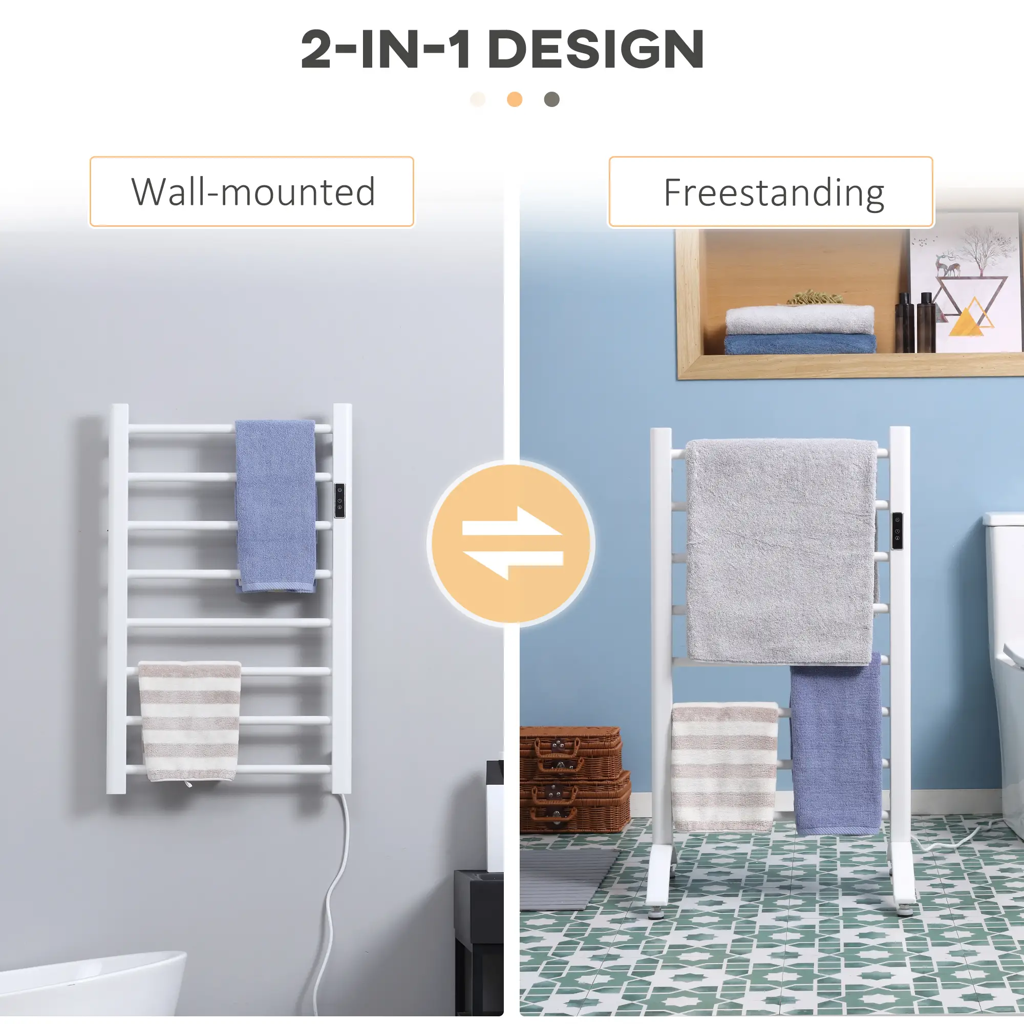 8-Bar Heated Towel Warmer, Wall Mount, Adjustable Temperature, White - Image 4