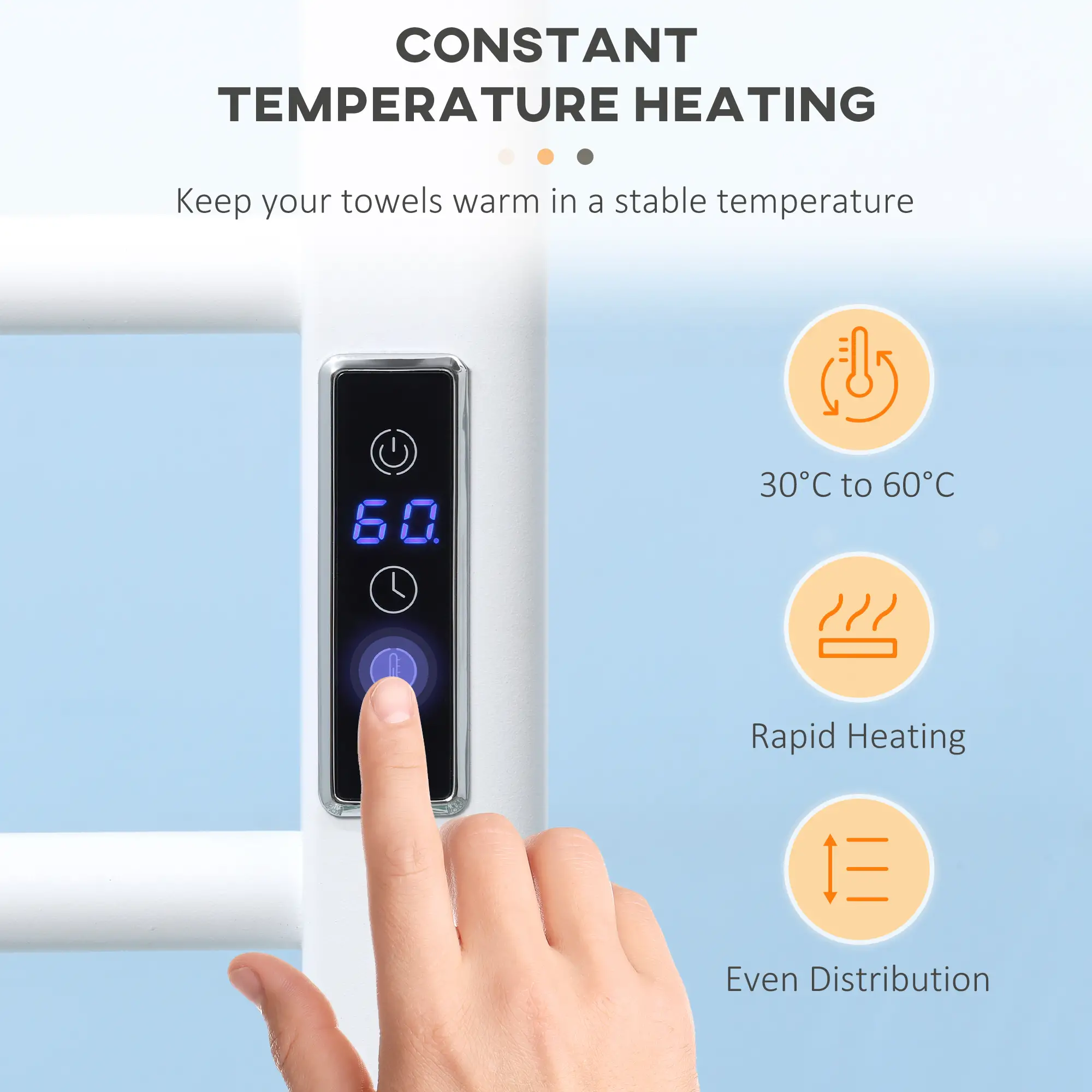 8-Bar Heated Towel Warmer, Wall Mount, Adjustable Temperature, White - Image 5