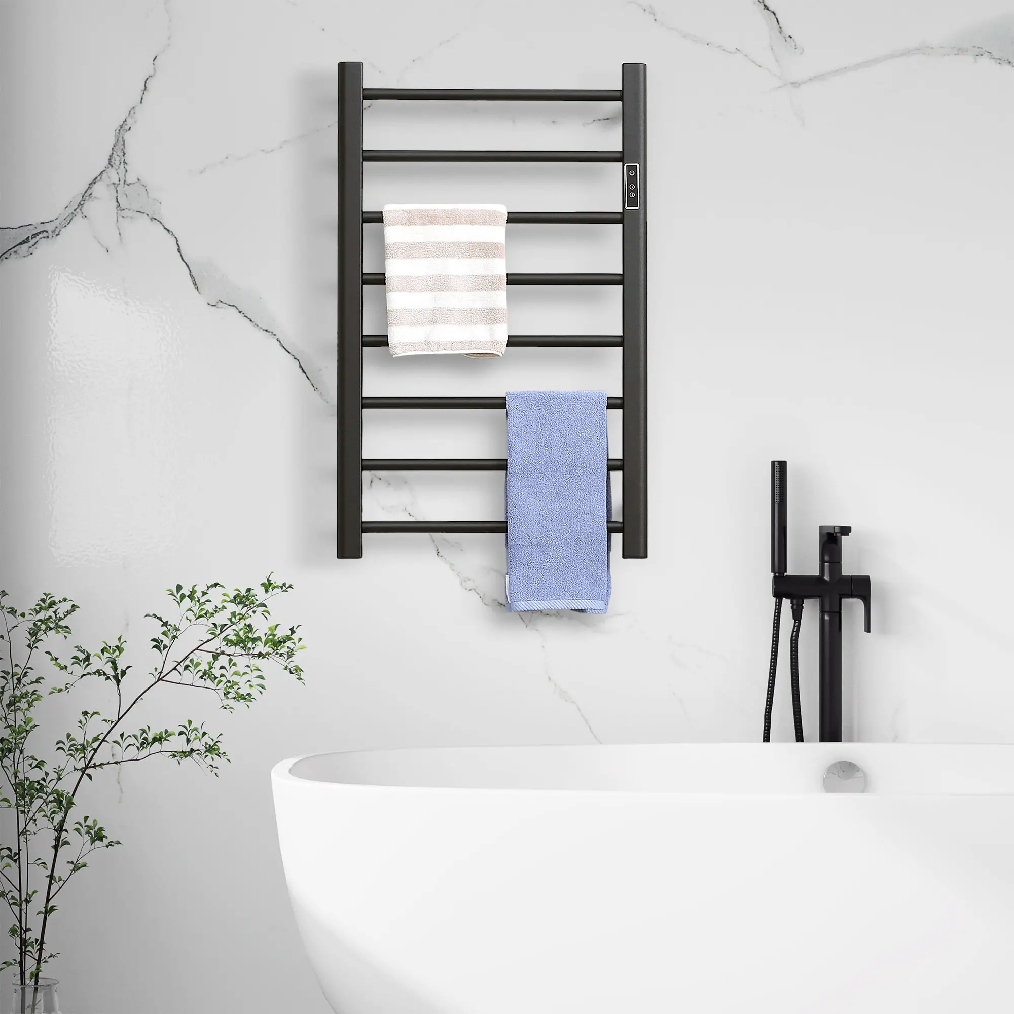 8-Bar Heated Towel Warmer, Wall Mounted, Adjustable Temperature, Black - Image 2