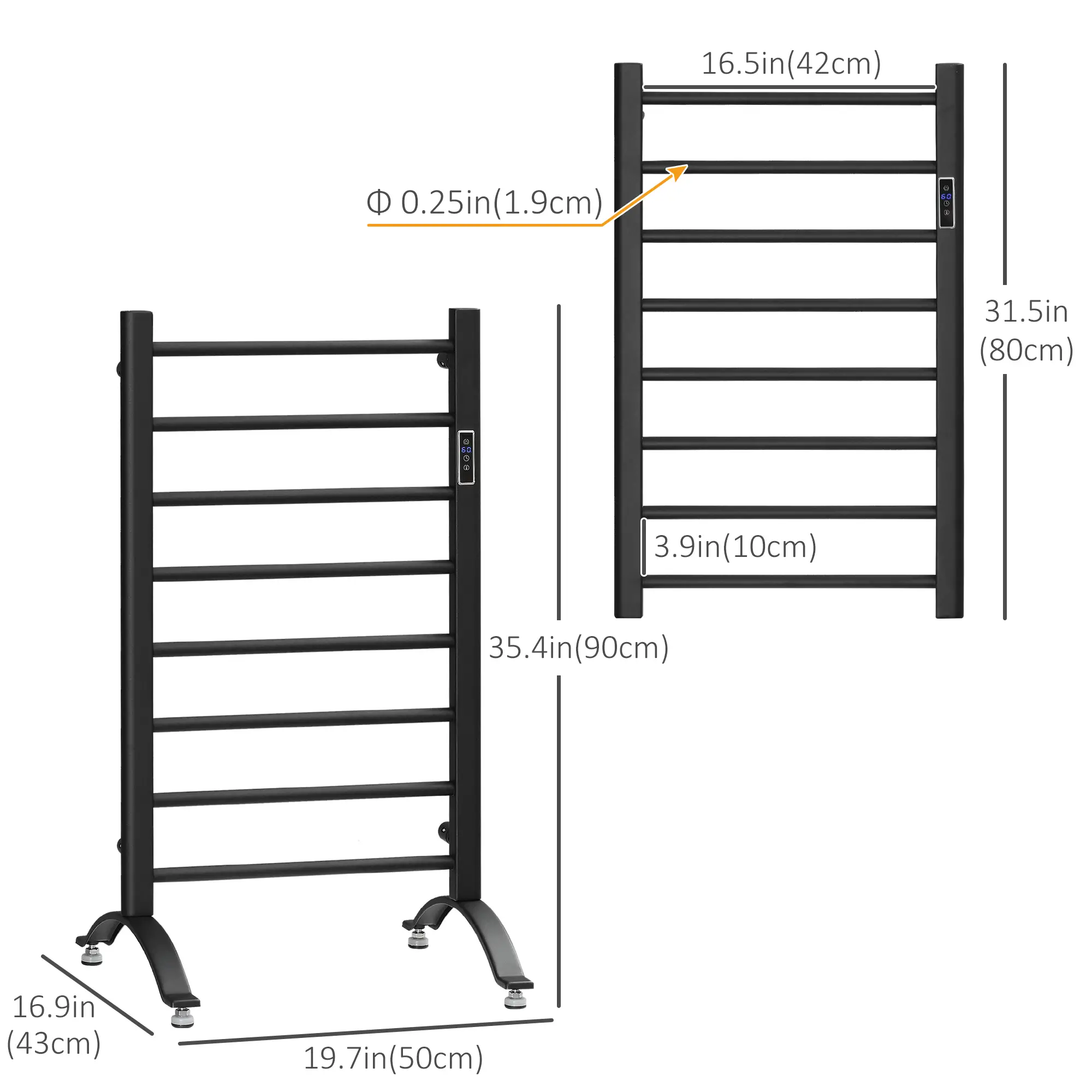 8-Bar Heated Towel Warmer, Wall Mounted, Adjustable Temperature, Black - Image 3